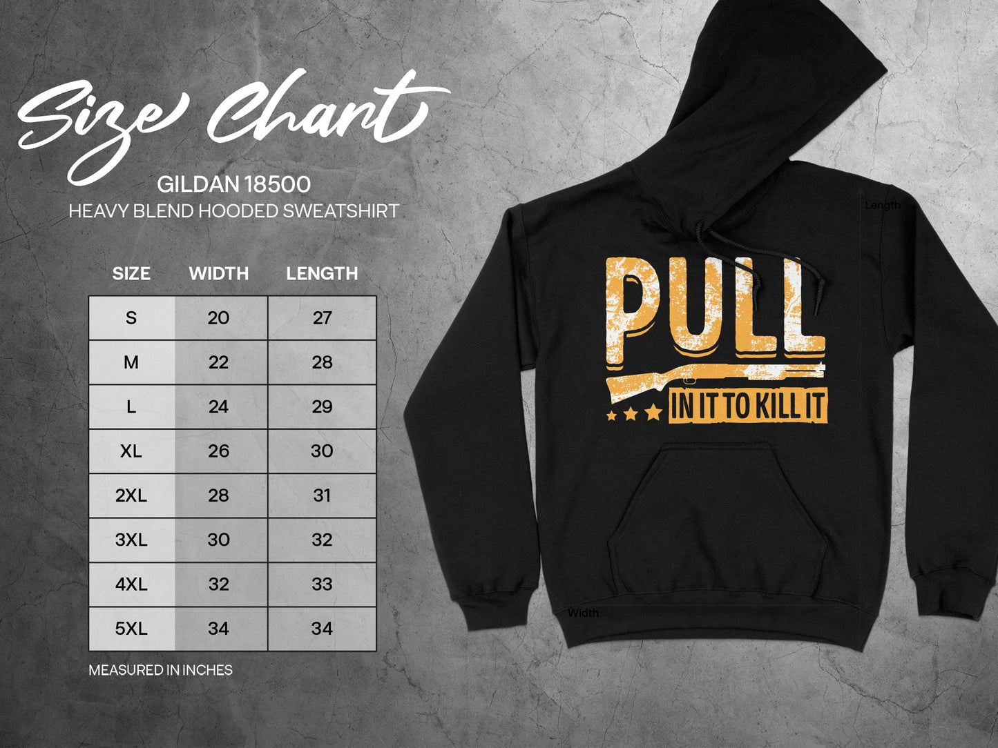 Trap Shooting Hoodie, Pull In It To Kill It, sizing chart