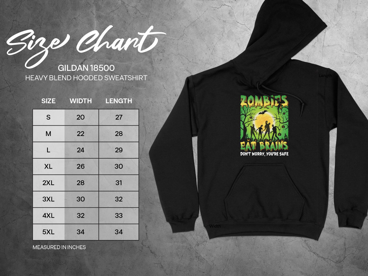 Zombies Hoodie - Eat Brains, sizing chart