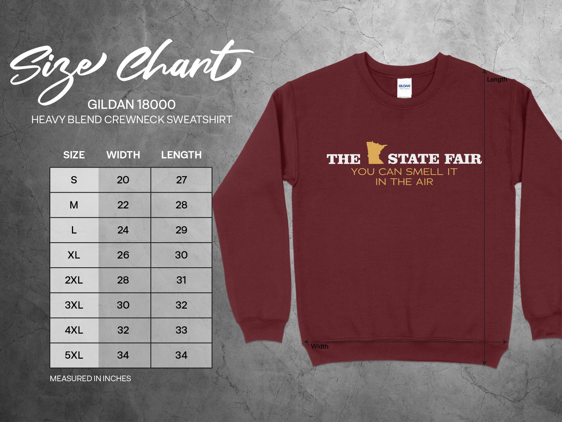 Minnesota State Fair Sweatshirt - You Can Smell It in the Air, sizing chart