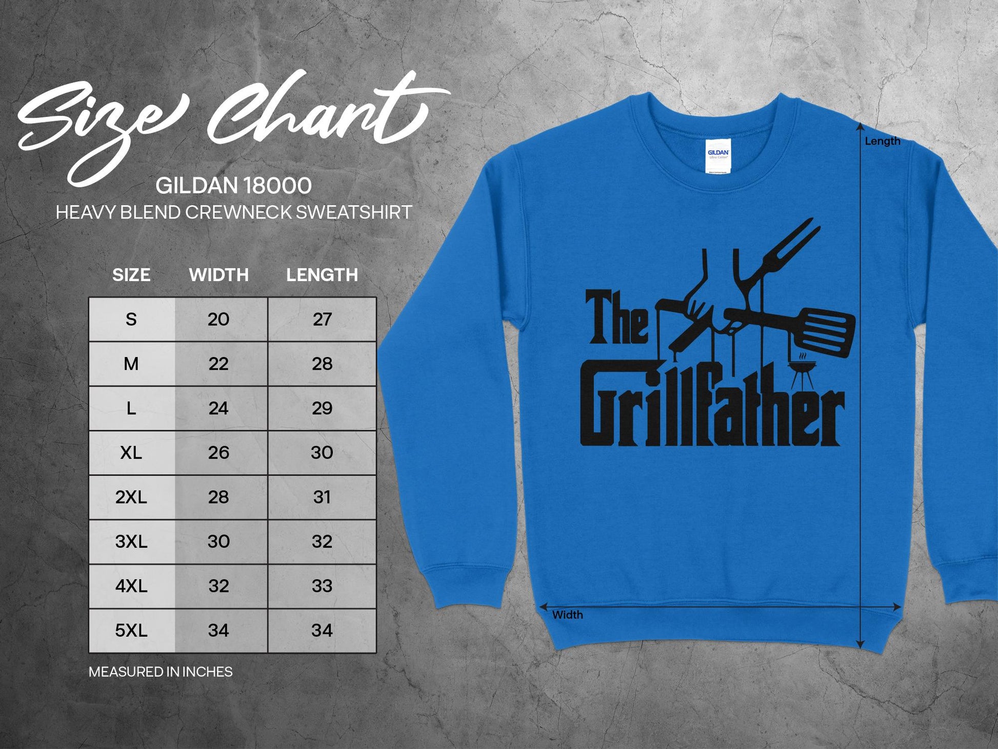 Grillfather Sweatshirt, sizing chart