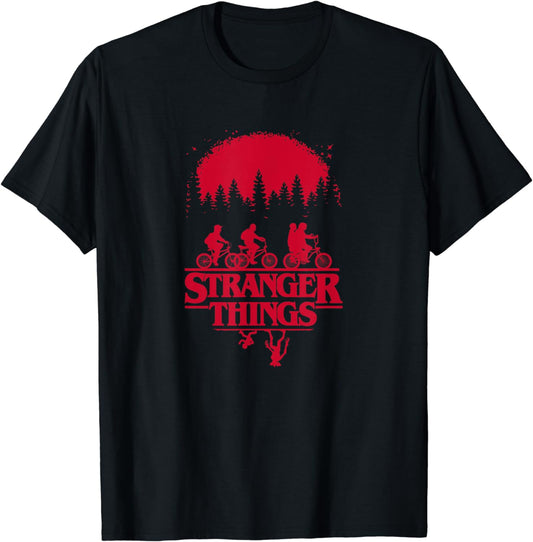 Stranger Things Group Shot Bike Ride Upside Down Silhouette T-Shirt