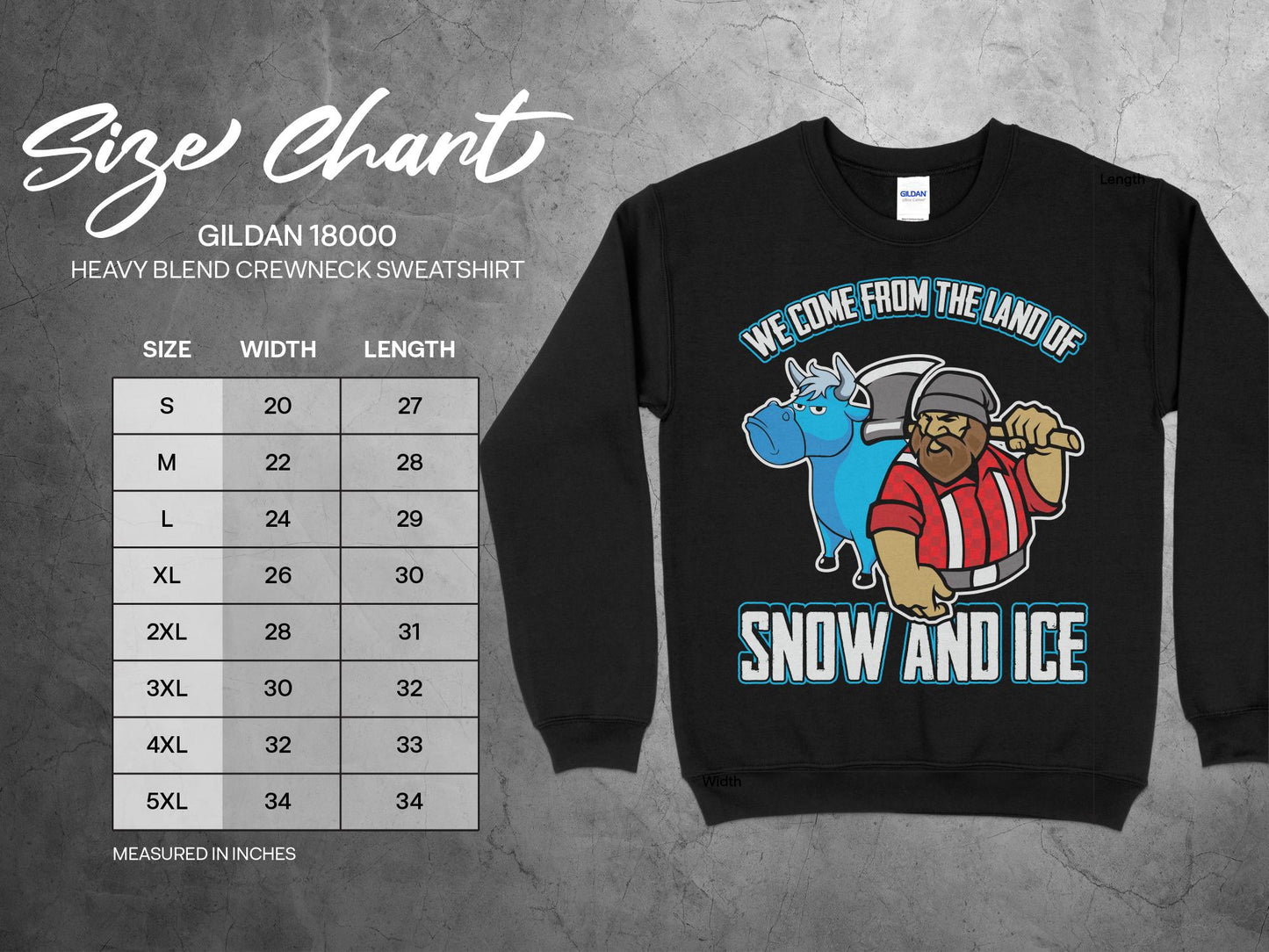 Minnesota Sweatshirt Land of Snow and Ice sizing chart