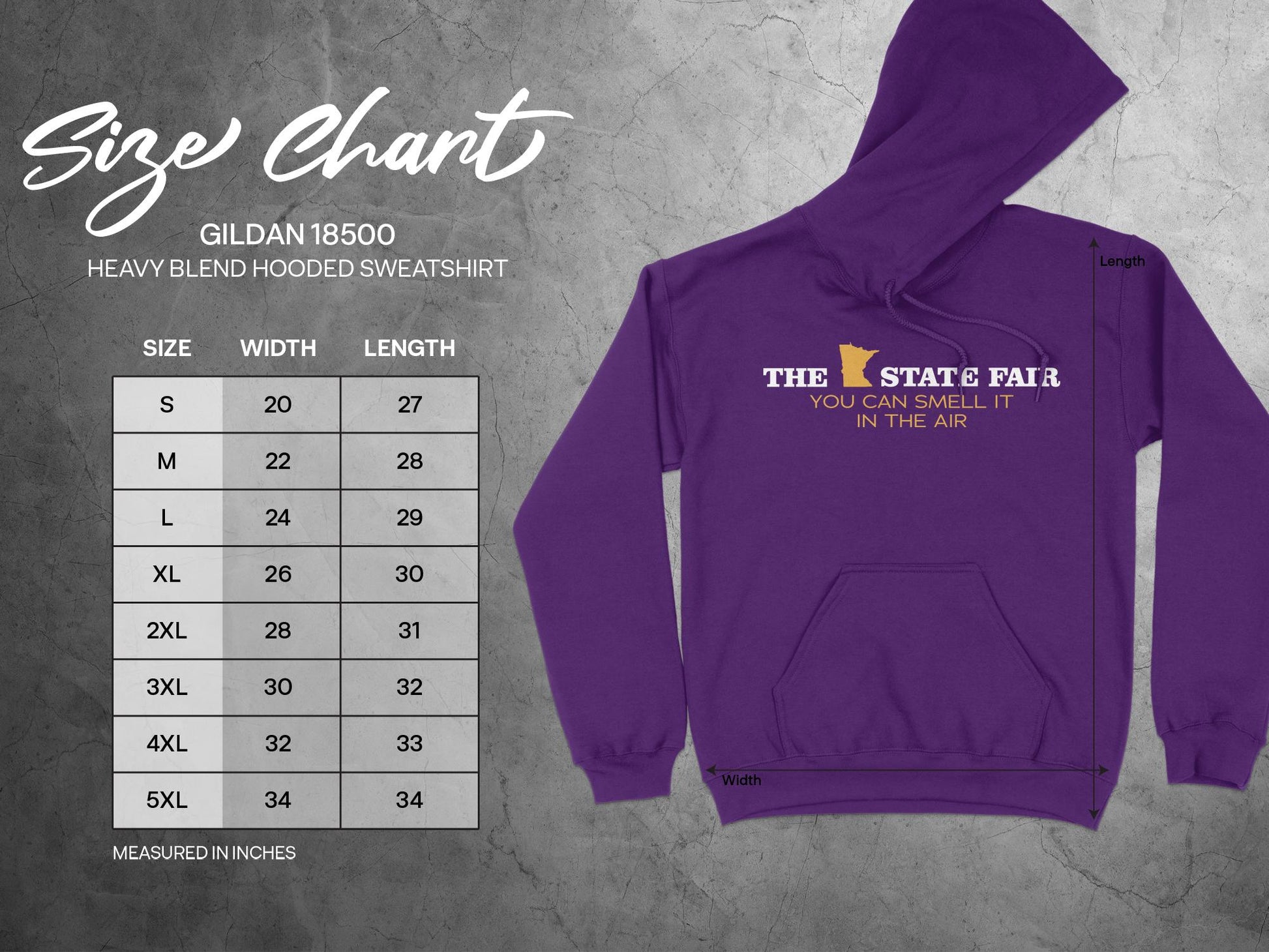 Minnesota State Fair Hoodie - You Can Smell It in the Air, sizing chart