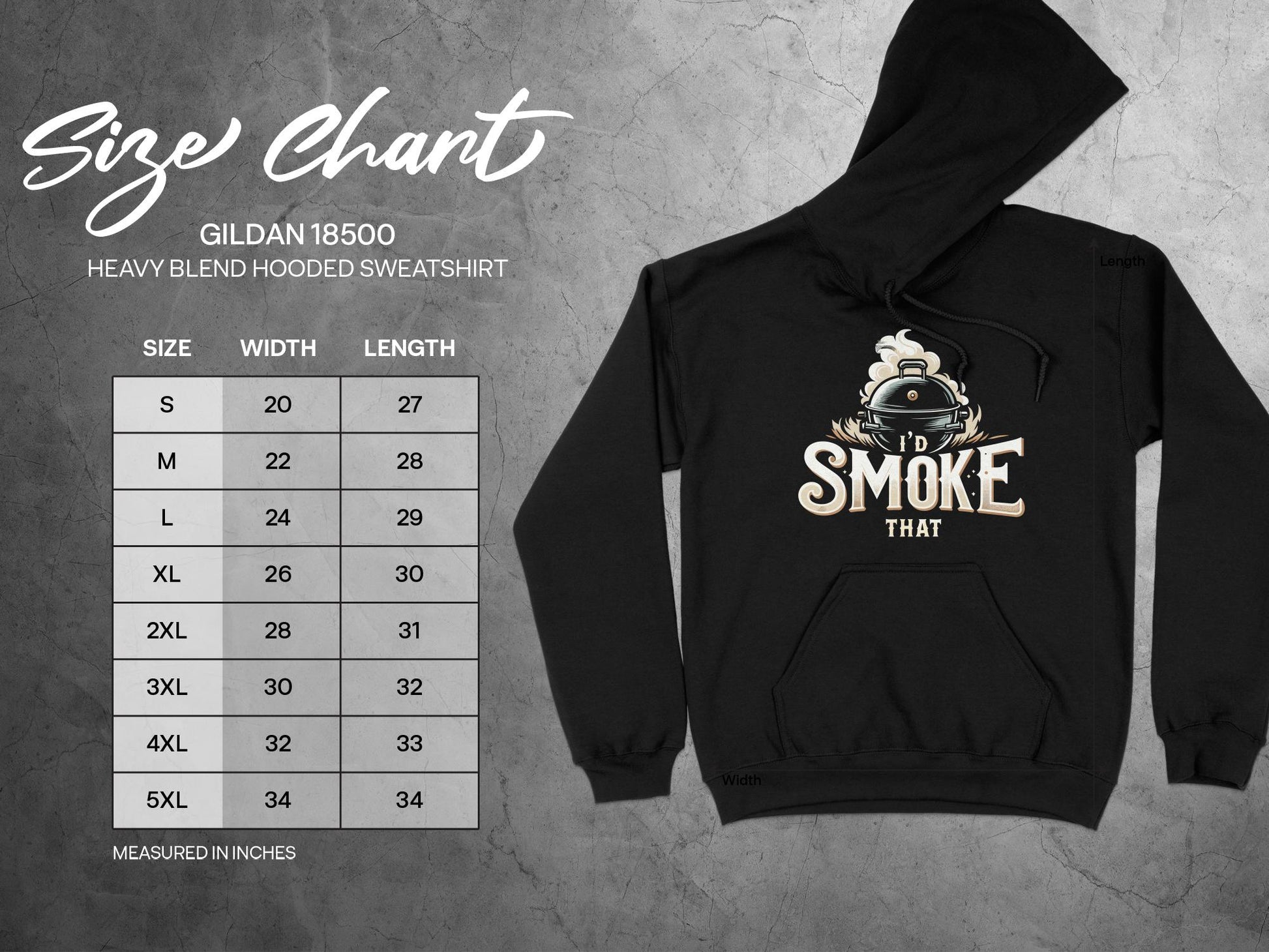 I'd Smoke That Hoodie, sizing chart