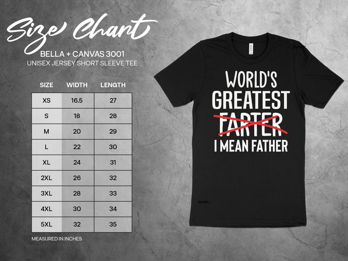 World's Greatest Farter I Mean Father Shirt, sizing chart