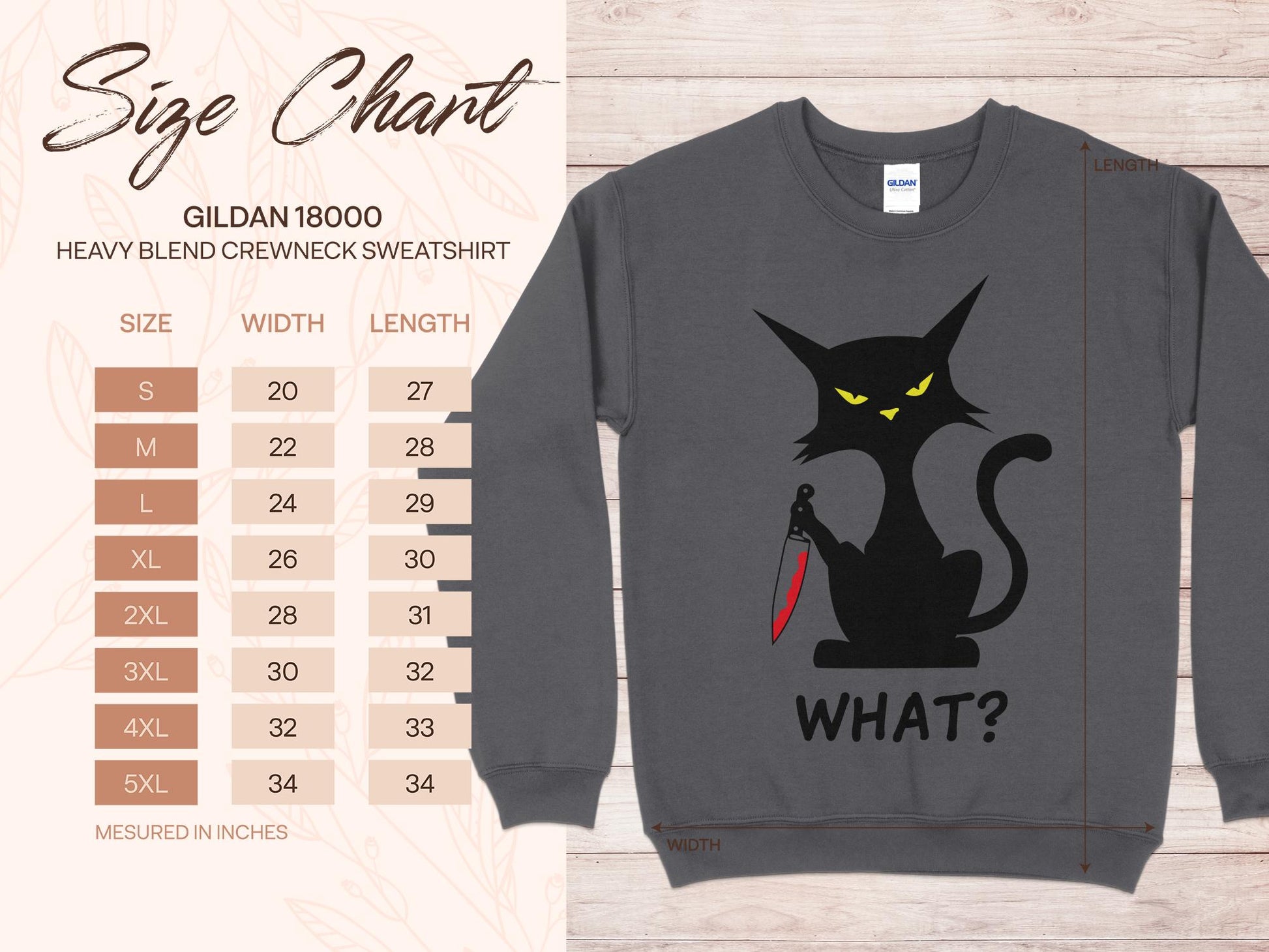 Cat With Knife Sweatshirt, Sizing Chart