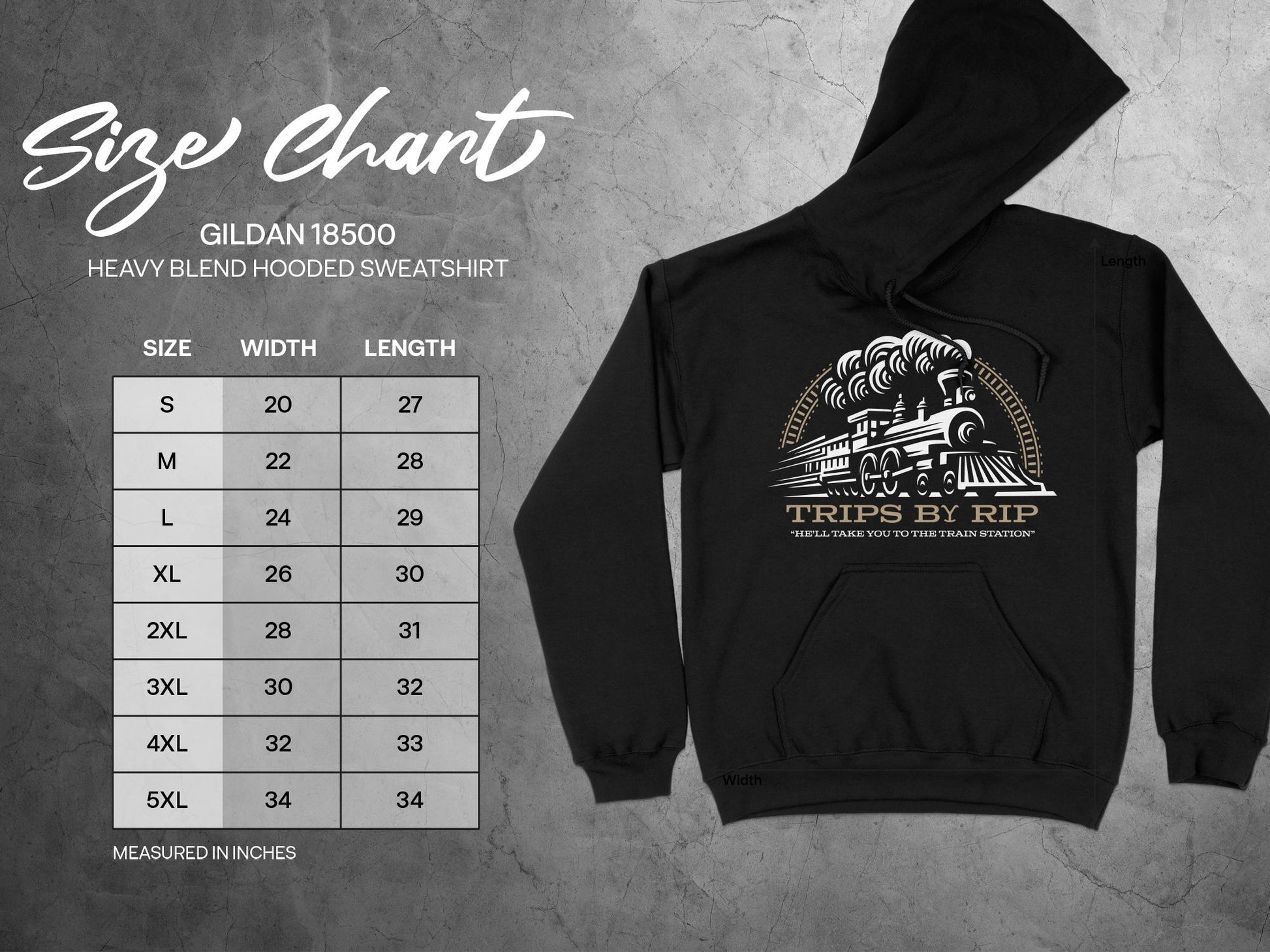 Yellowstone Hoodie - Trips By Rip, sizing chart