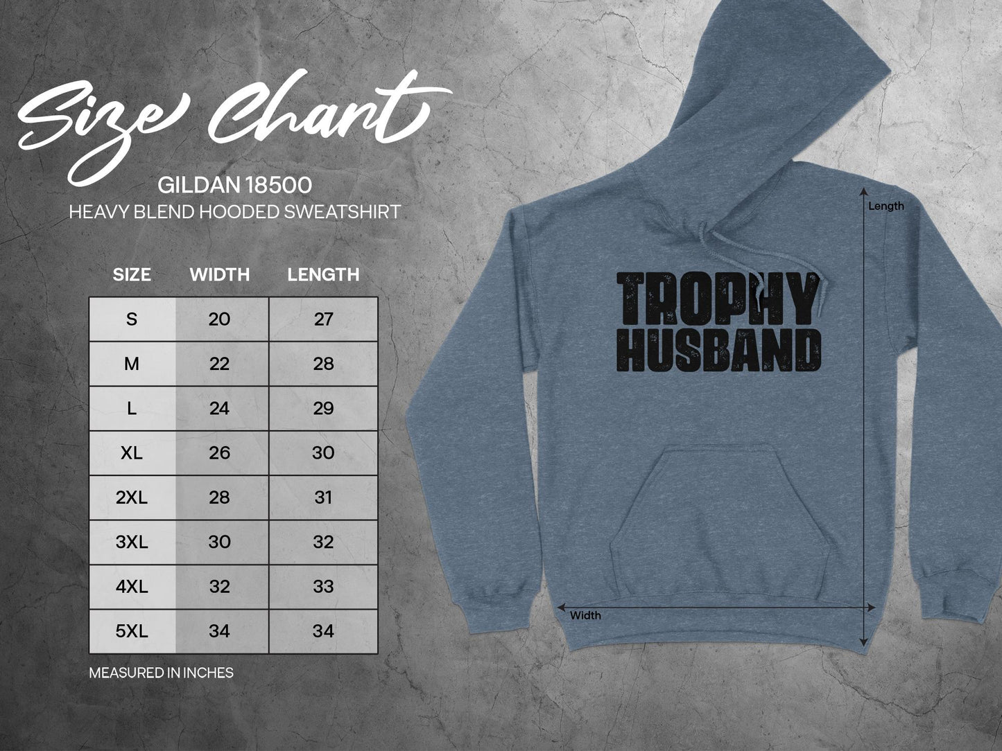 Trophy Husband Hoodie, sizing chart