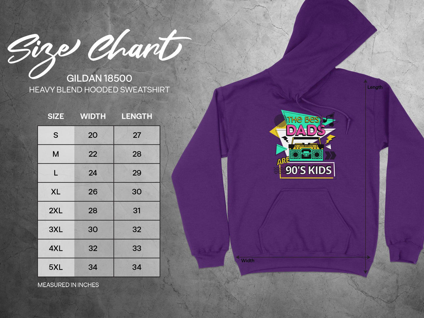 90s Dad Hoodie, sizing chart