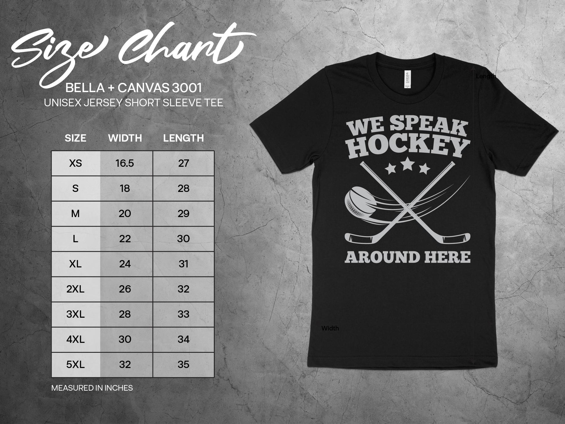 Funny Hockey Shirt - We Speak Hockey Around Here, sizing chart