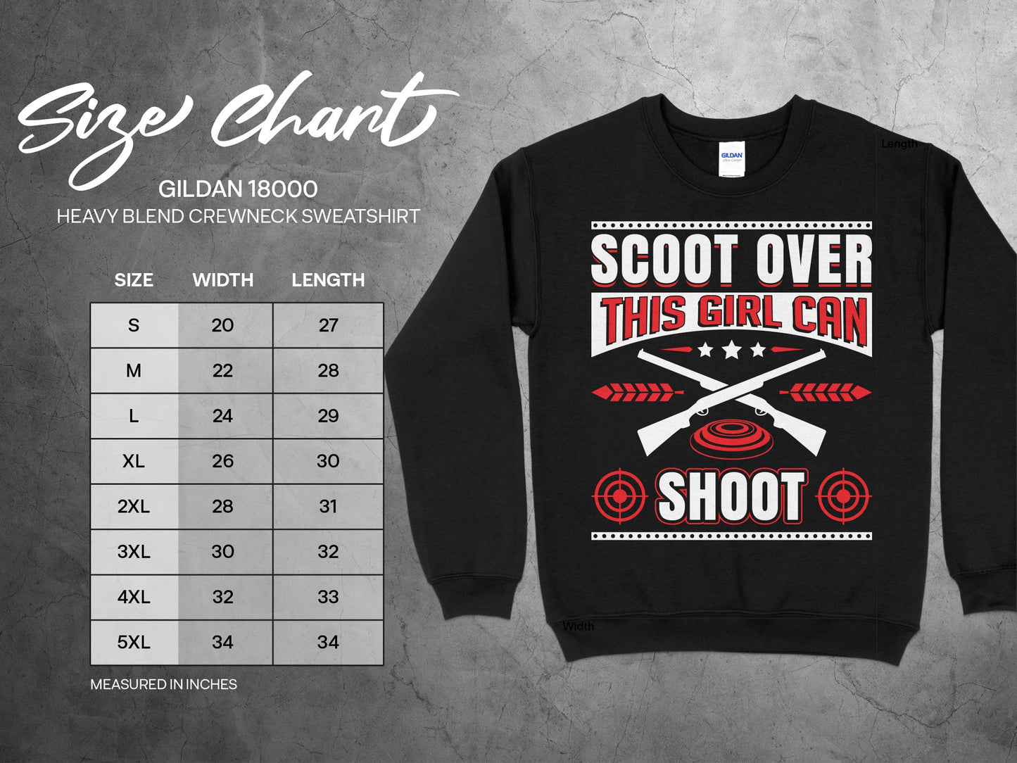 Trap Shooting Sweatshirt - Scoot Over This Girl Can Shoot, sizing chart