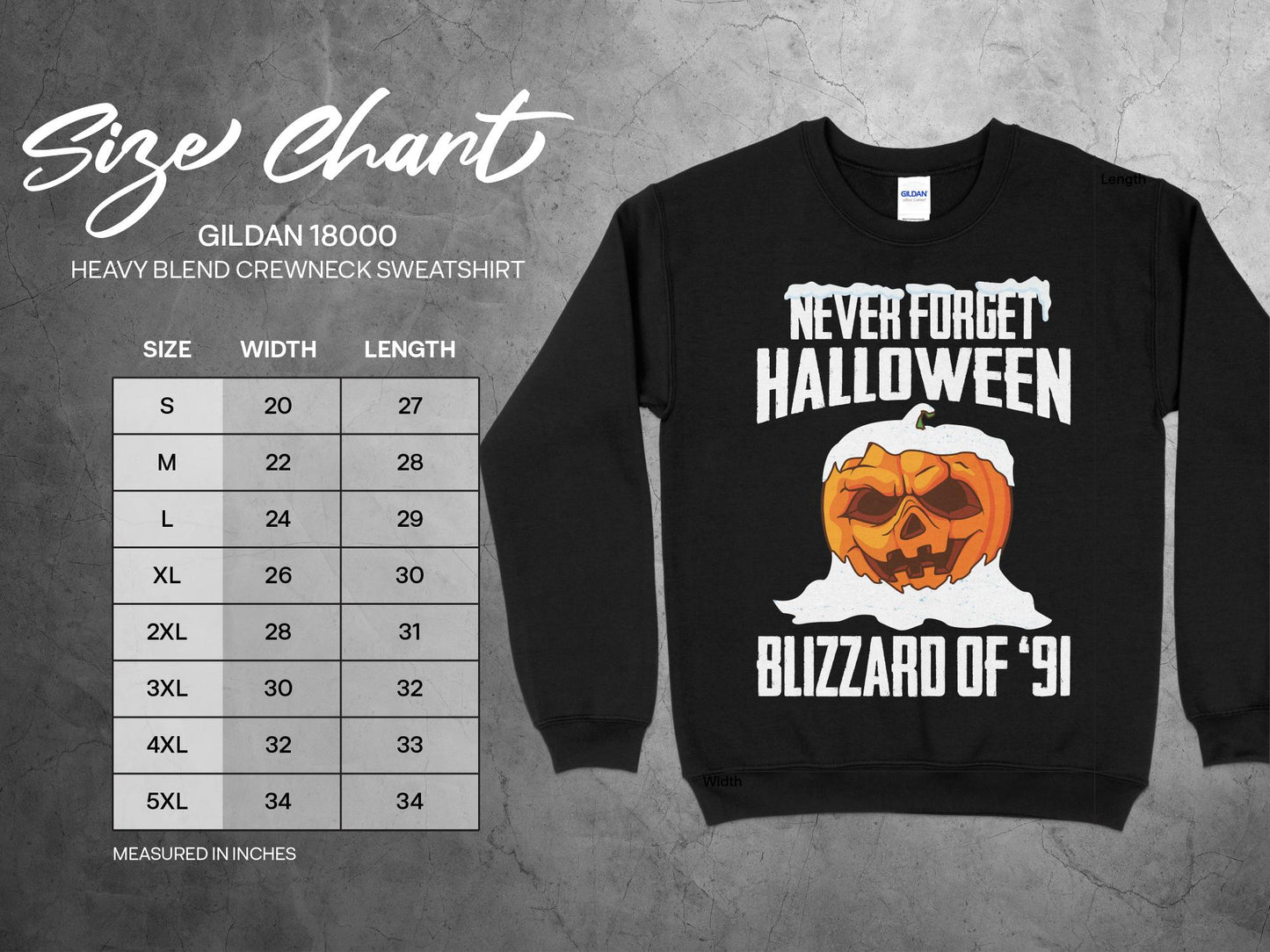 Minnesota Blizzard Halloween 1991 Sweatshirt, sizing chart