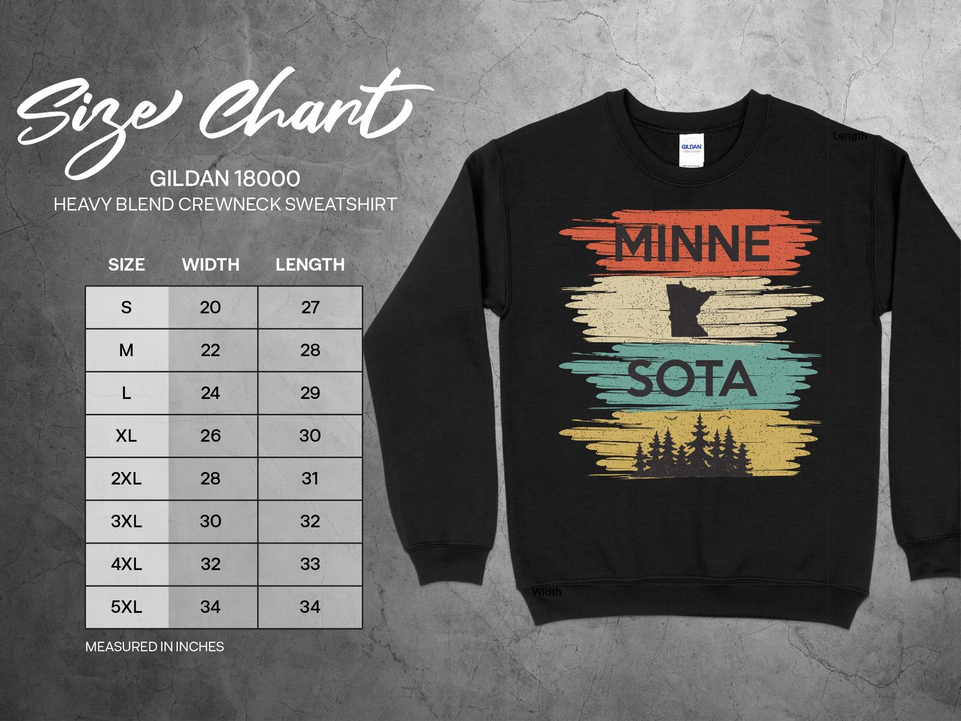 Minnesota T Sweatshirt Retro Style Sunset, sizing chart