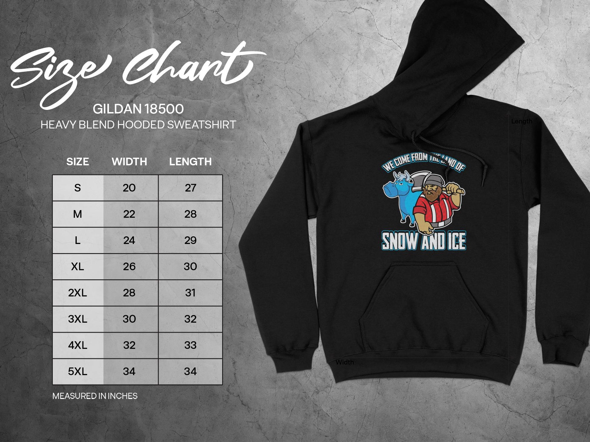 Minnesota Hoodie Land of Snow and Ice sizing chart