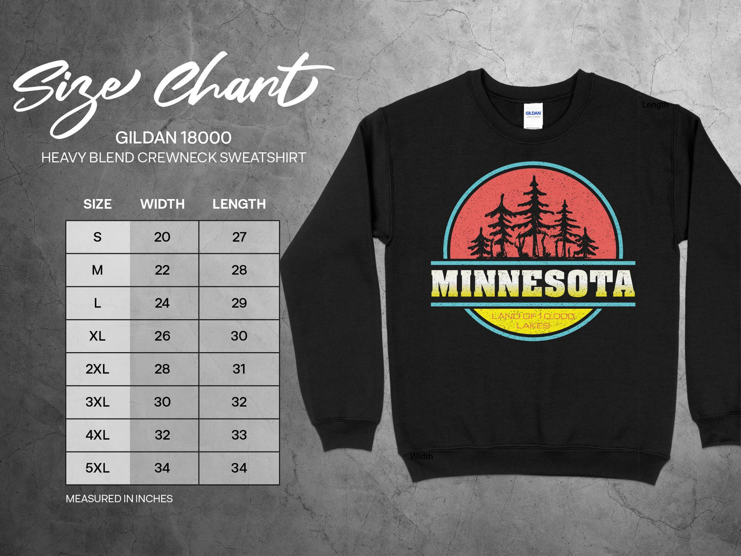 Minnesota T Sweatshirt Vintage Pine Tree Sunset, sizing chart