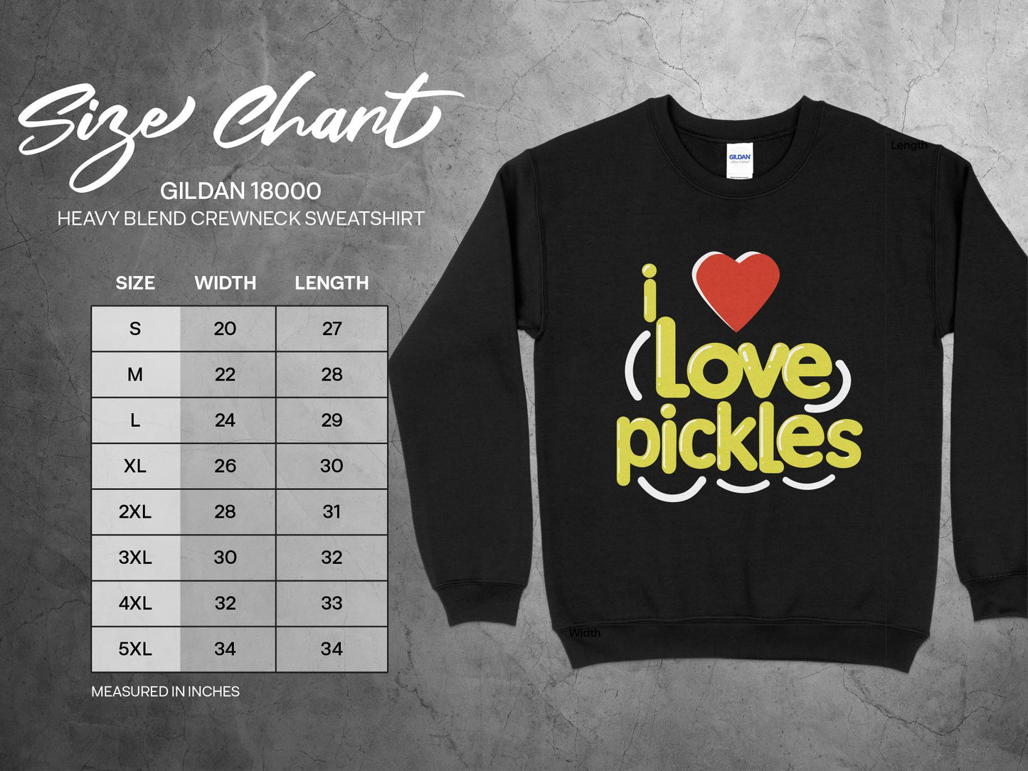 I Love Pickles Sweatshirt, sizing chart