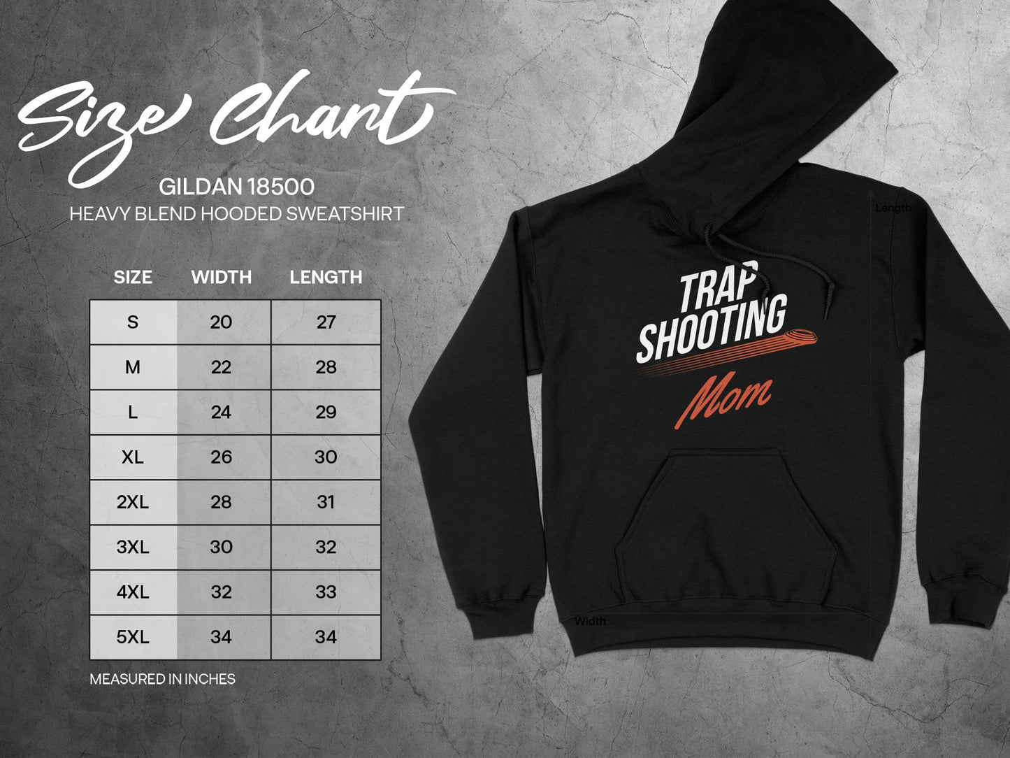 Trap Shooting Hoodie for Moms, sizing chart