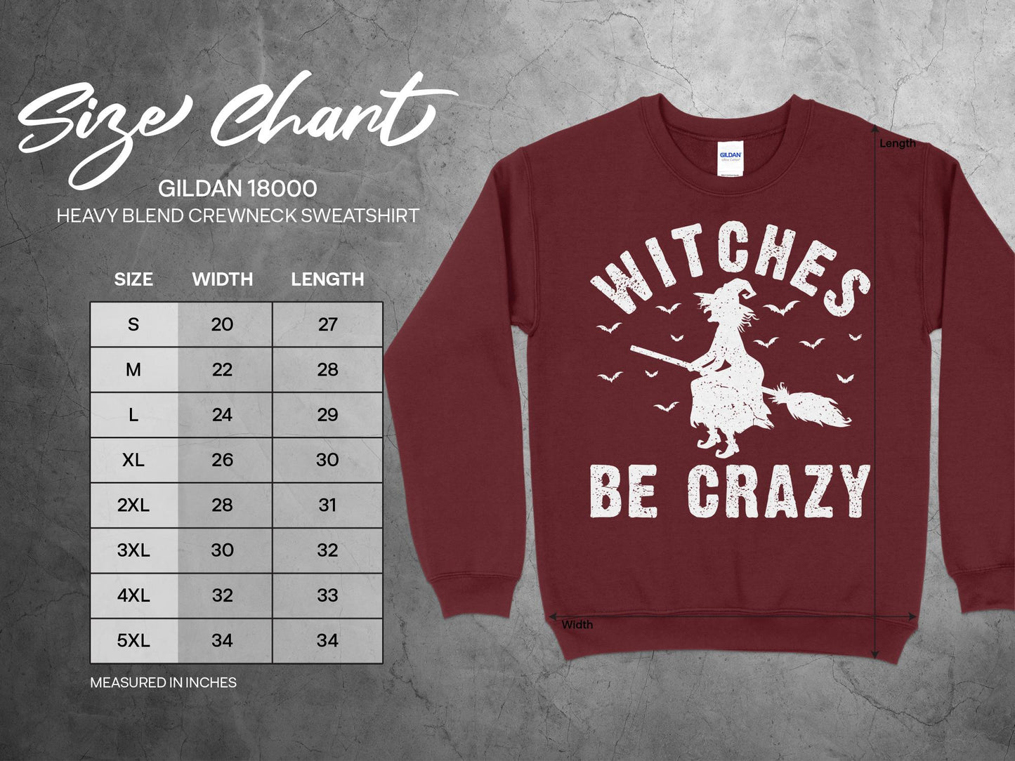Witches Be Crazy Sweatshirt, sizing chart