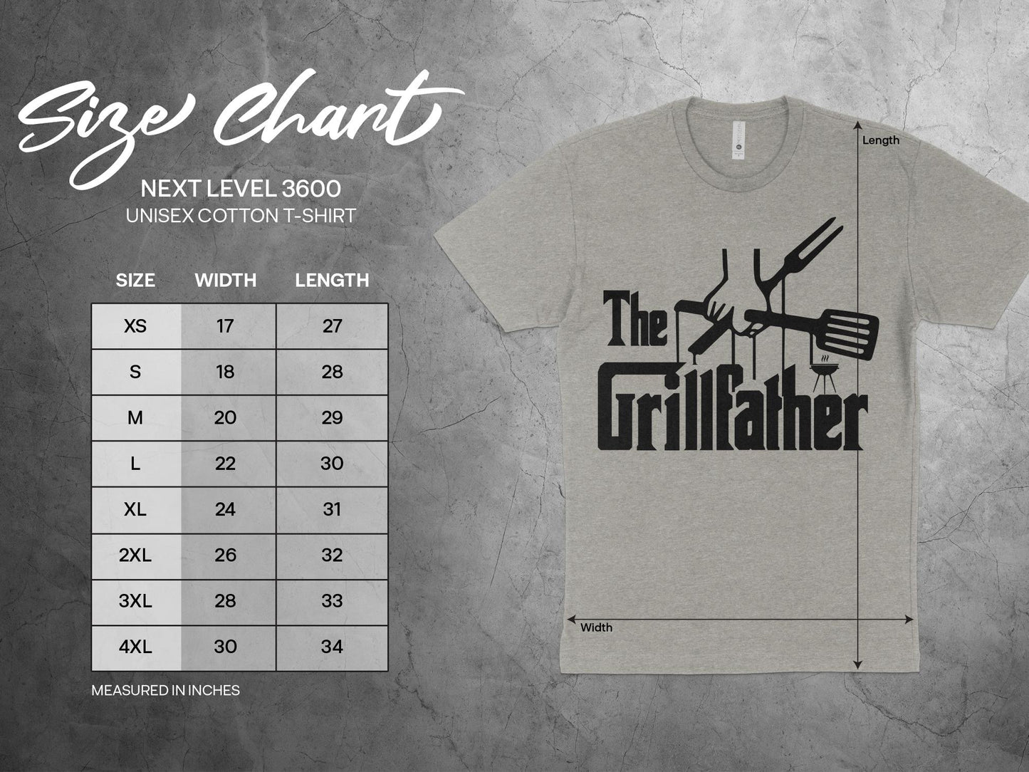 Grillfather T Shirt, sizing chart