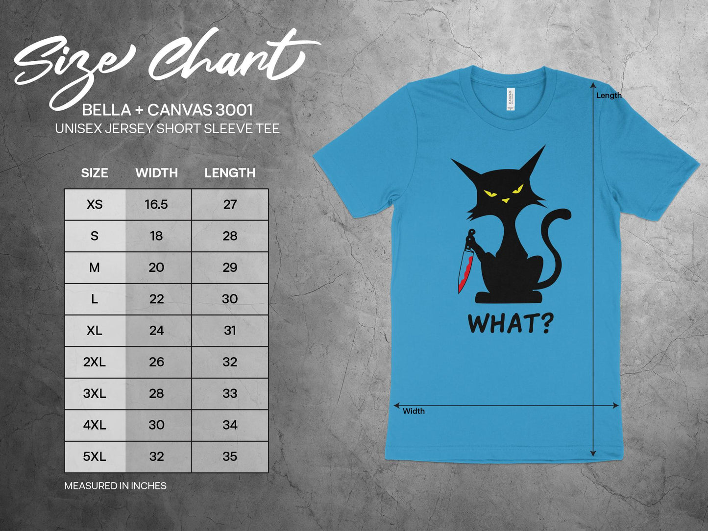 Cat With Knife Shirt, Sizing Chart
