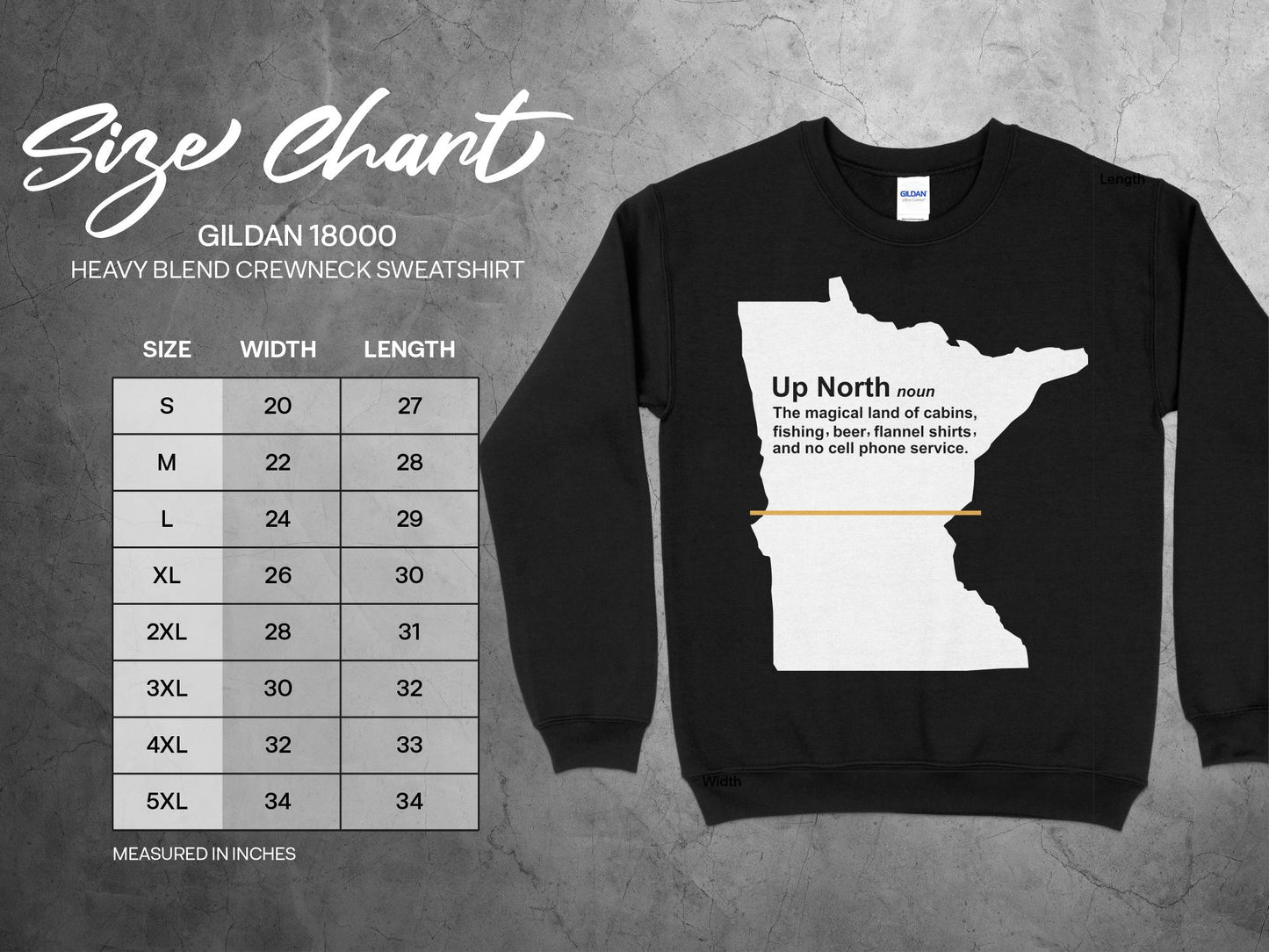 Minnesota T Sweatshirt - Up North Definition, sizing chart