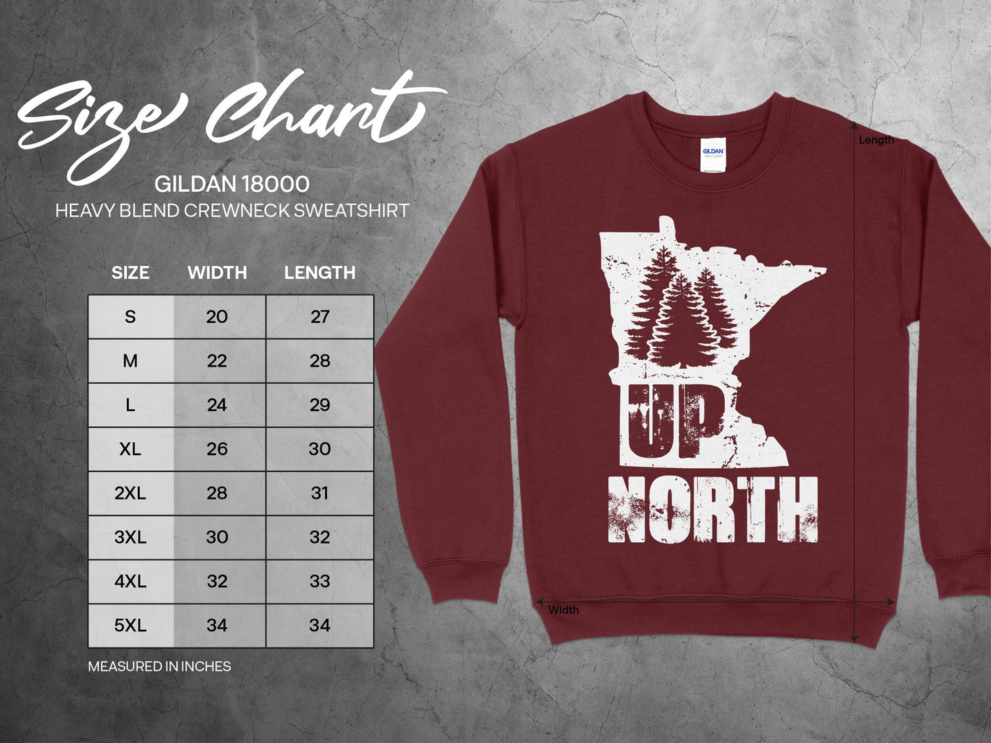 Minnesota Sweatshirt - Rustic Up North, sizing chart
