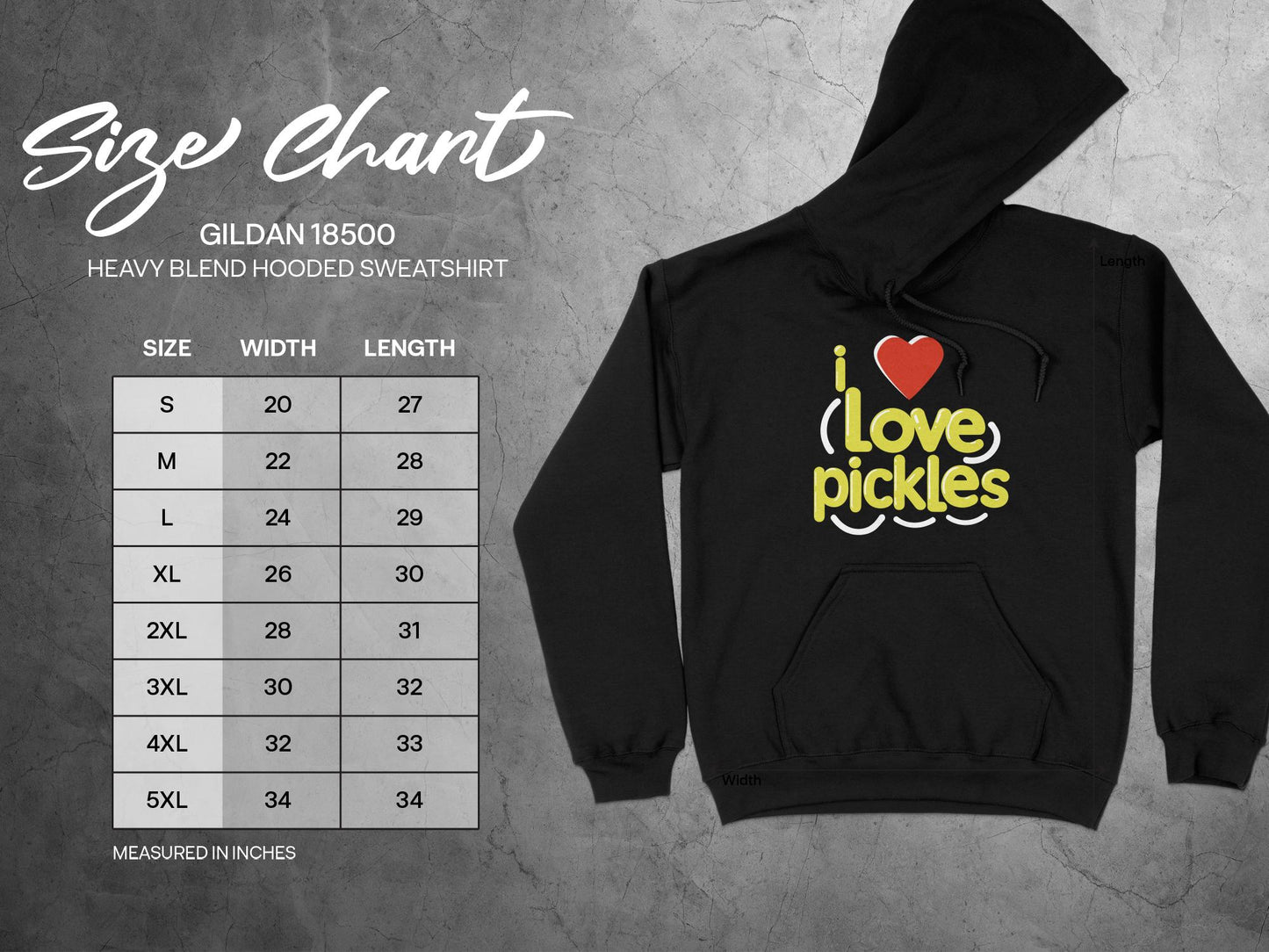 I Love Pickles Hoodie, sizing chart