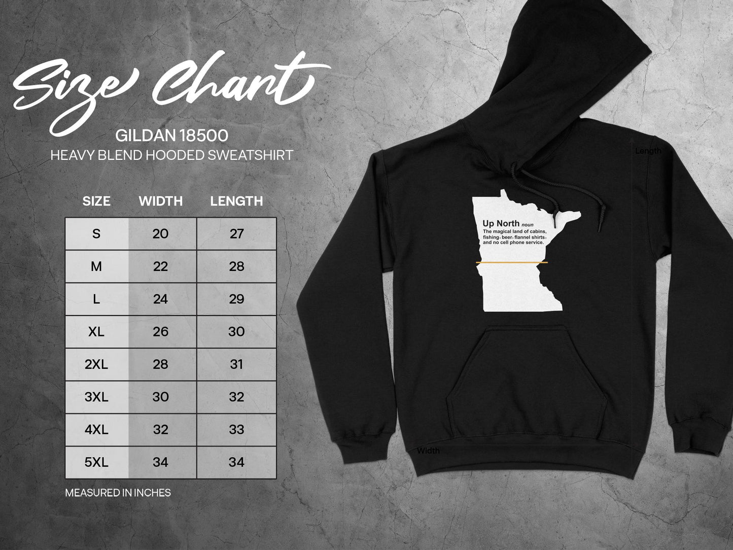 Minnesota T Hoodie - Up North Definition, sizing chart