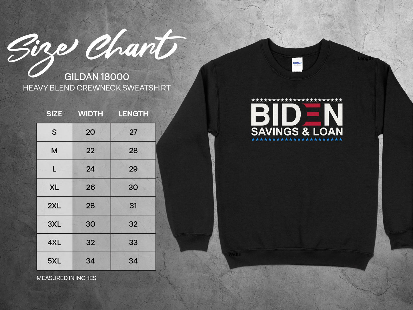 Joe Biden Sweatshirt - Savings and Loan, sizing chart