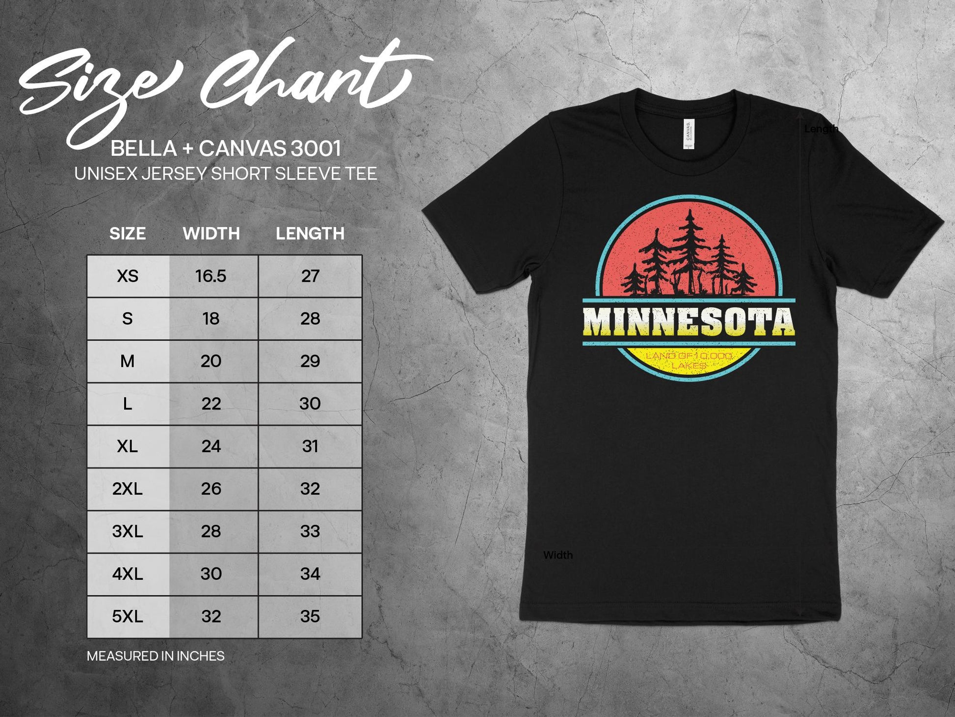 Minnesota T Shirt Vintage Pine Tree Sunset, sizing chart