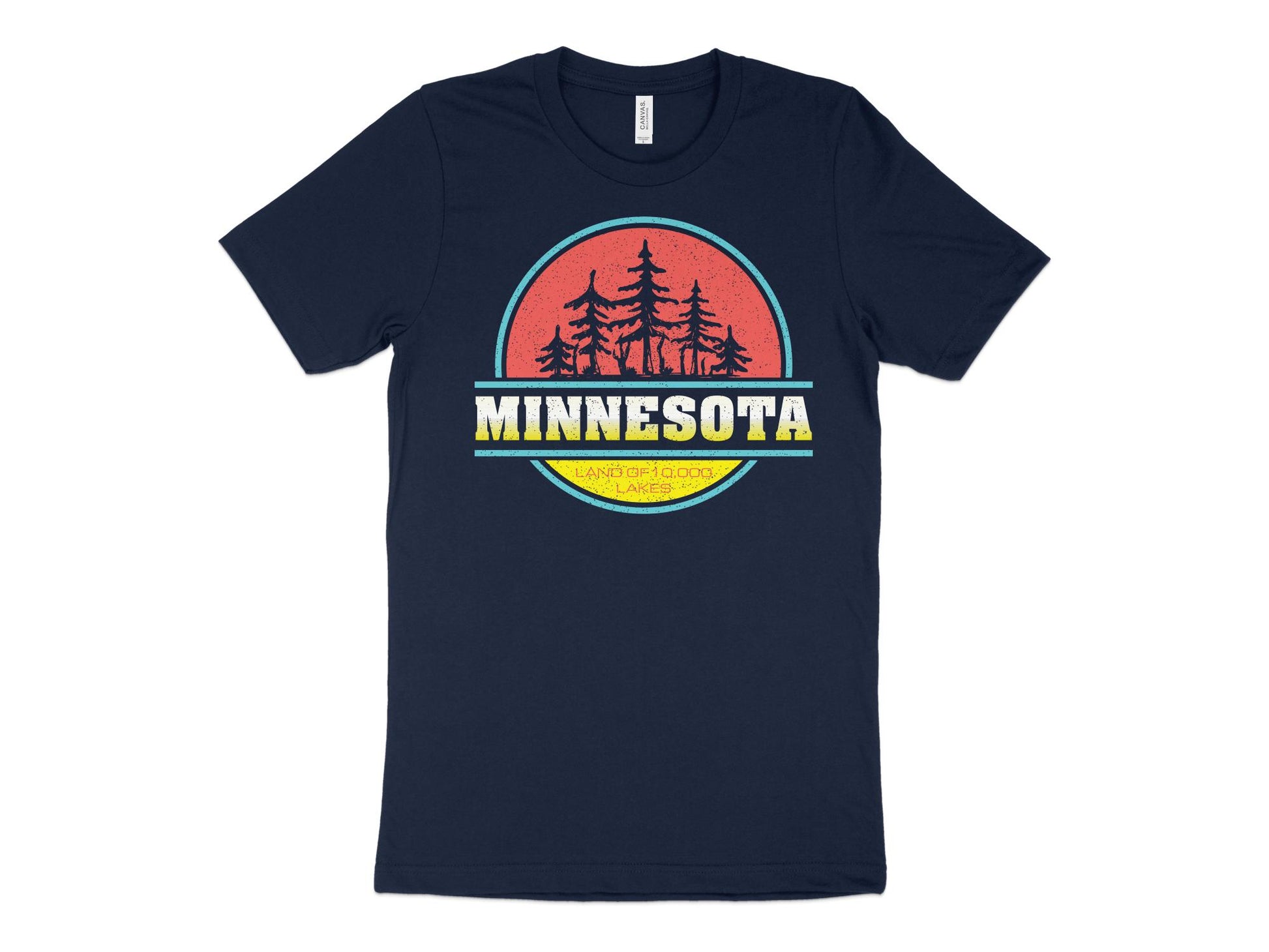 Minnesota T Shirt Vintage Pine Tree Sunset, navy blue