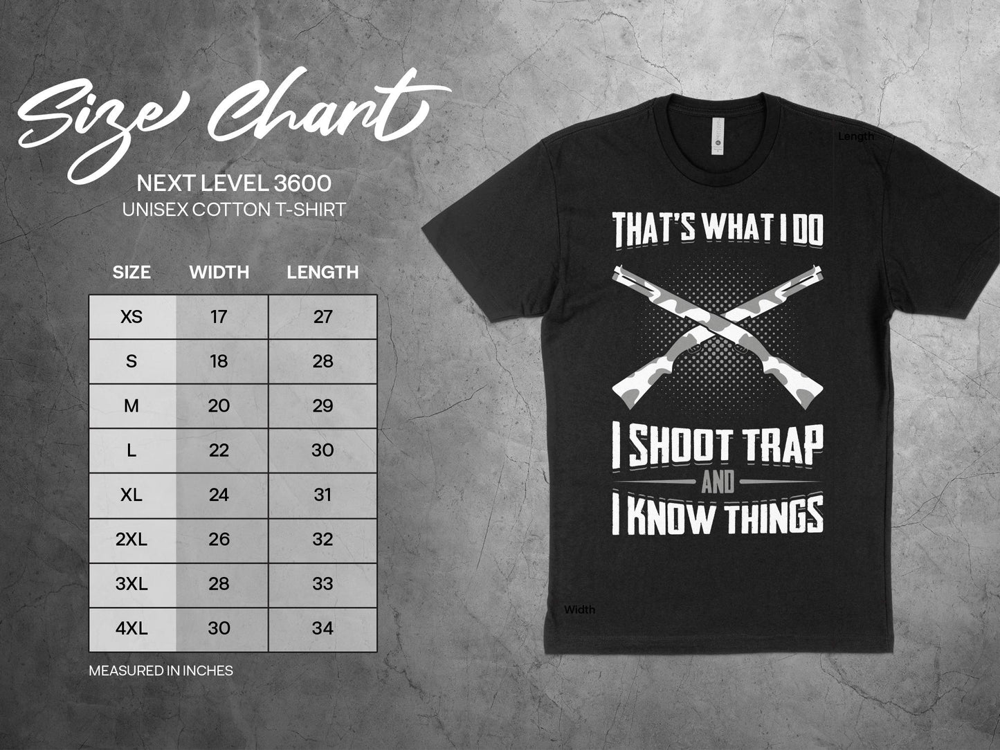 Trap Shooting T-Shirt, sizing chart