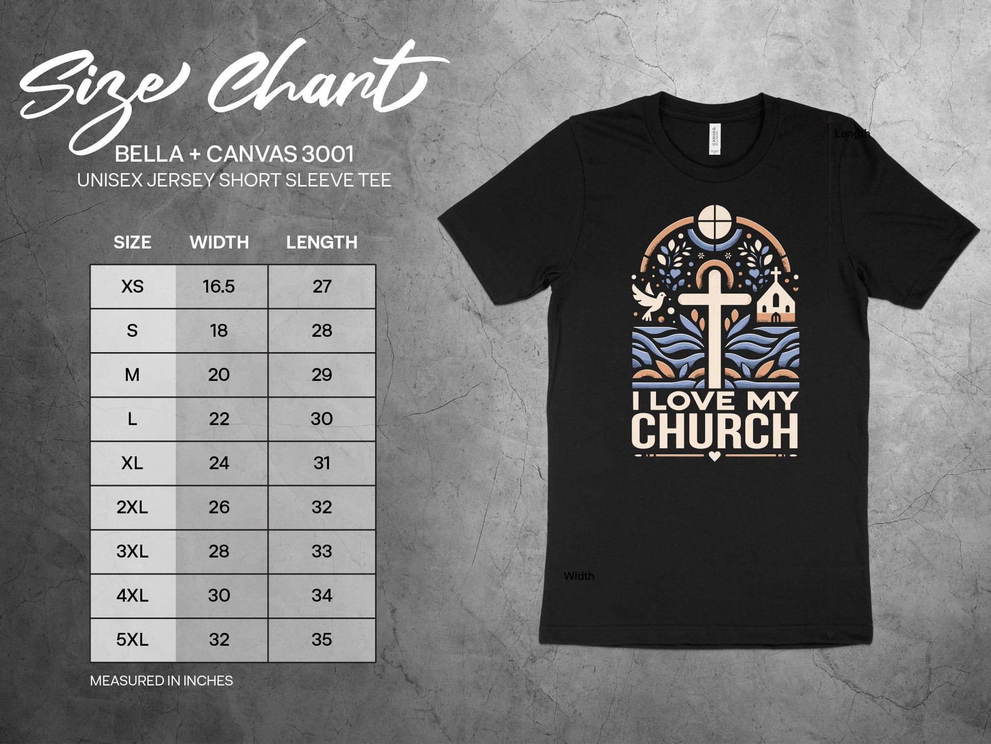 I Love My Church Shirts, sizing chart