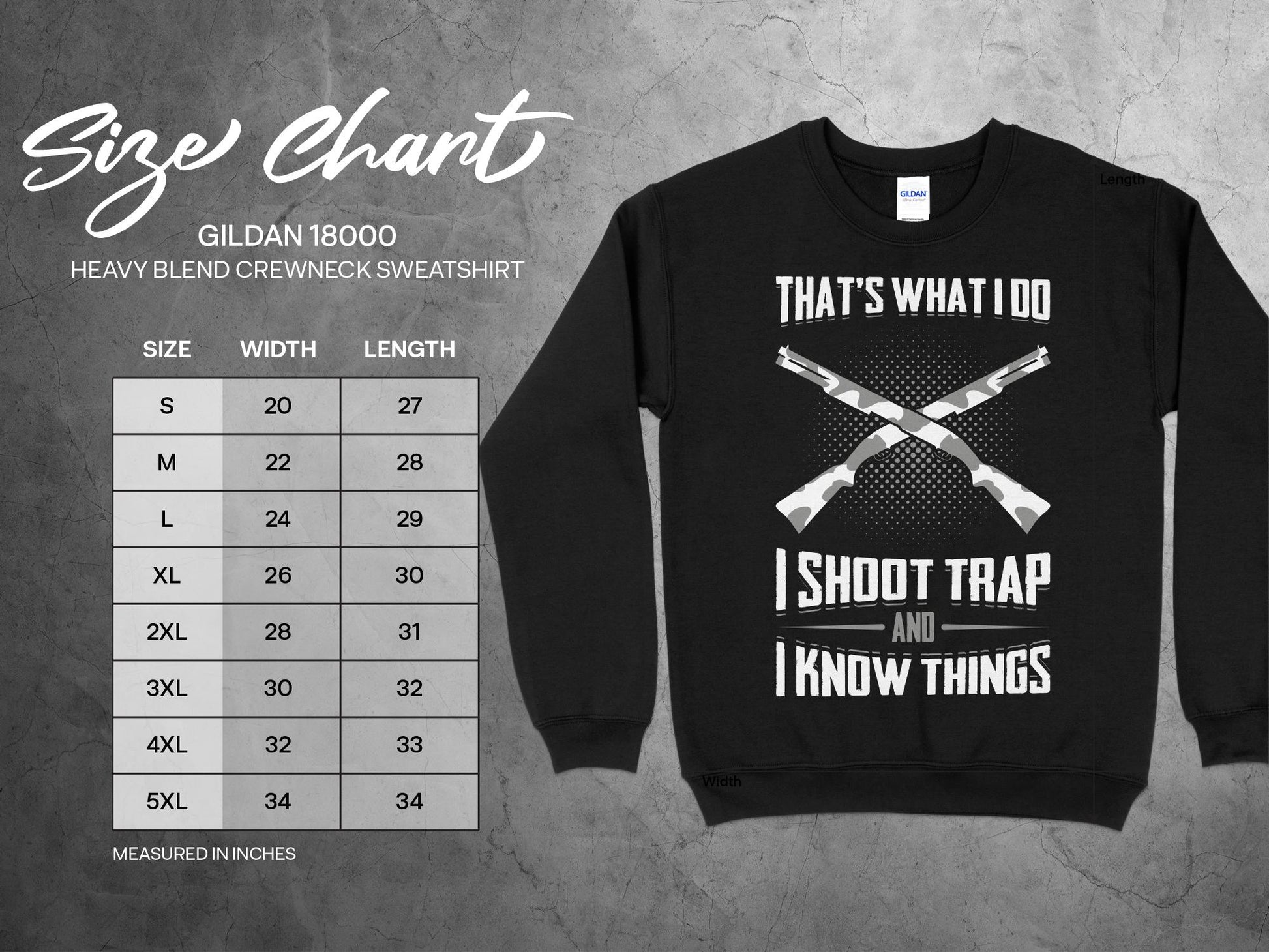 Trap Shooting Sweatshirt, sizing chart