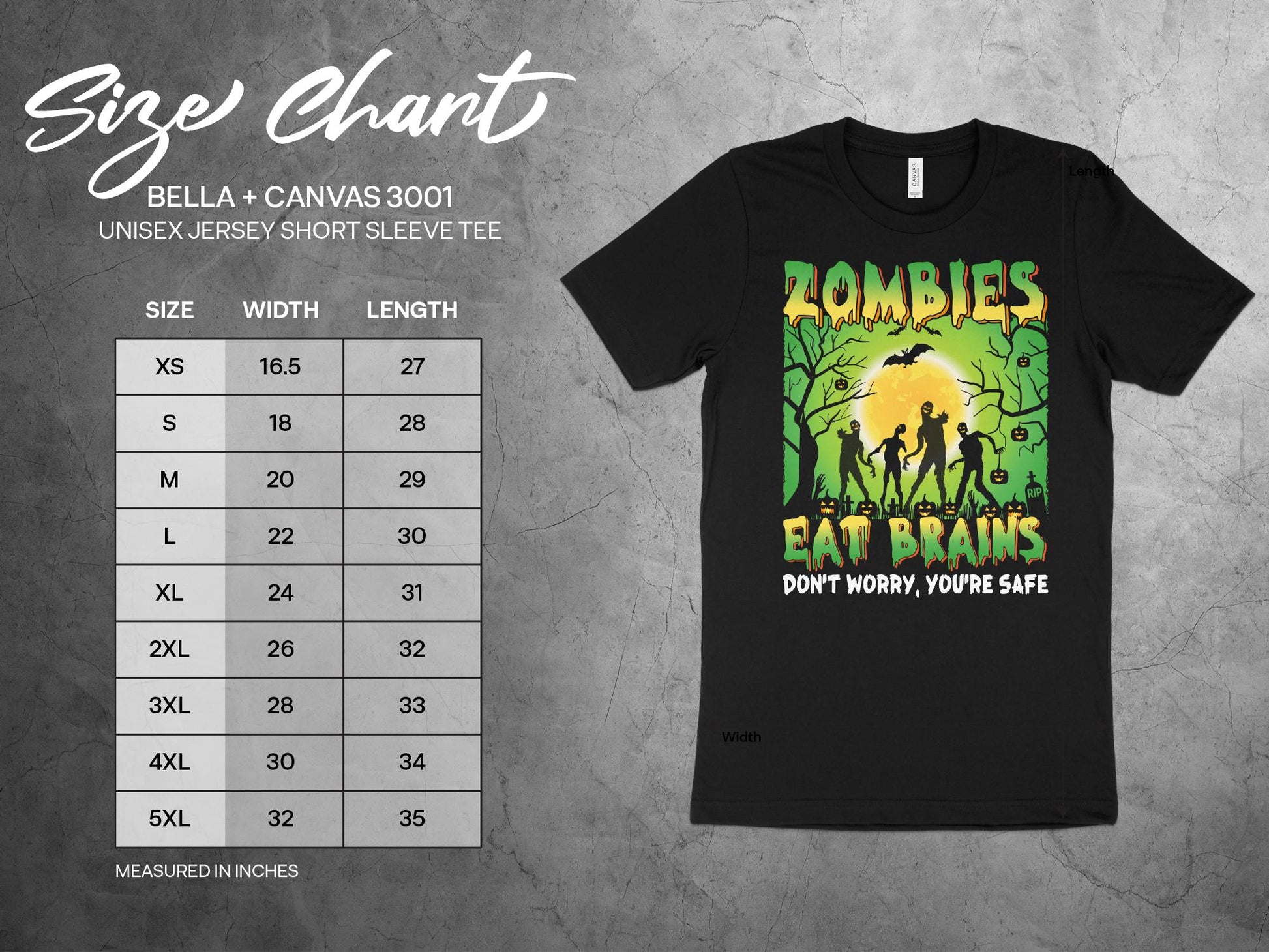 Zombies Shirt - Eat Brains, sizing chart