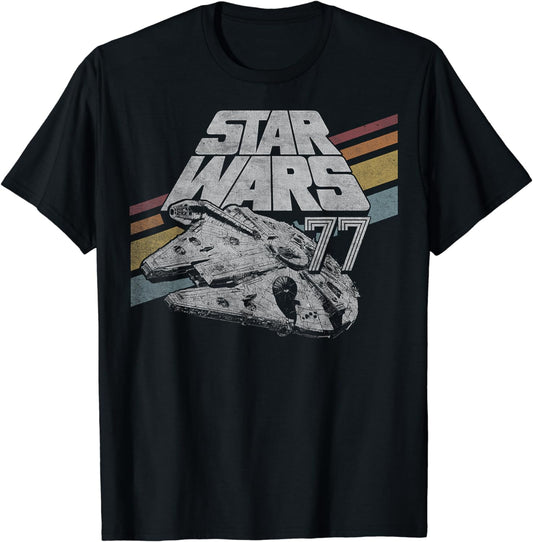 Star Wars Millennium Falcon 77 Retro Diagonal Stripe Disney+ T-Shirt