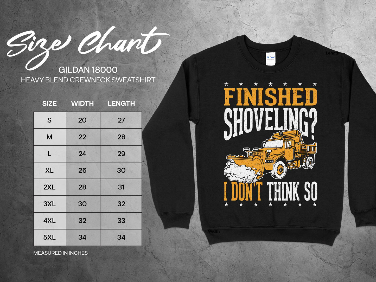 Snow Plow Driver Sweatshirt, sizing chart