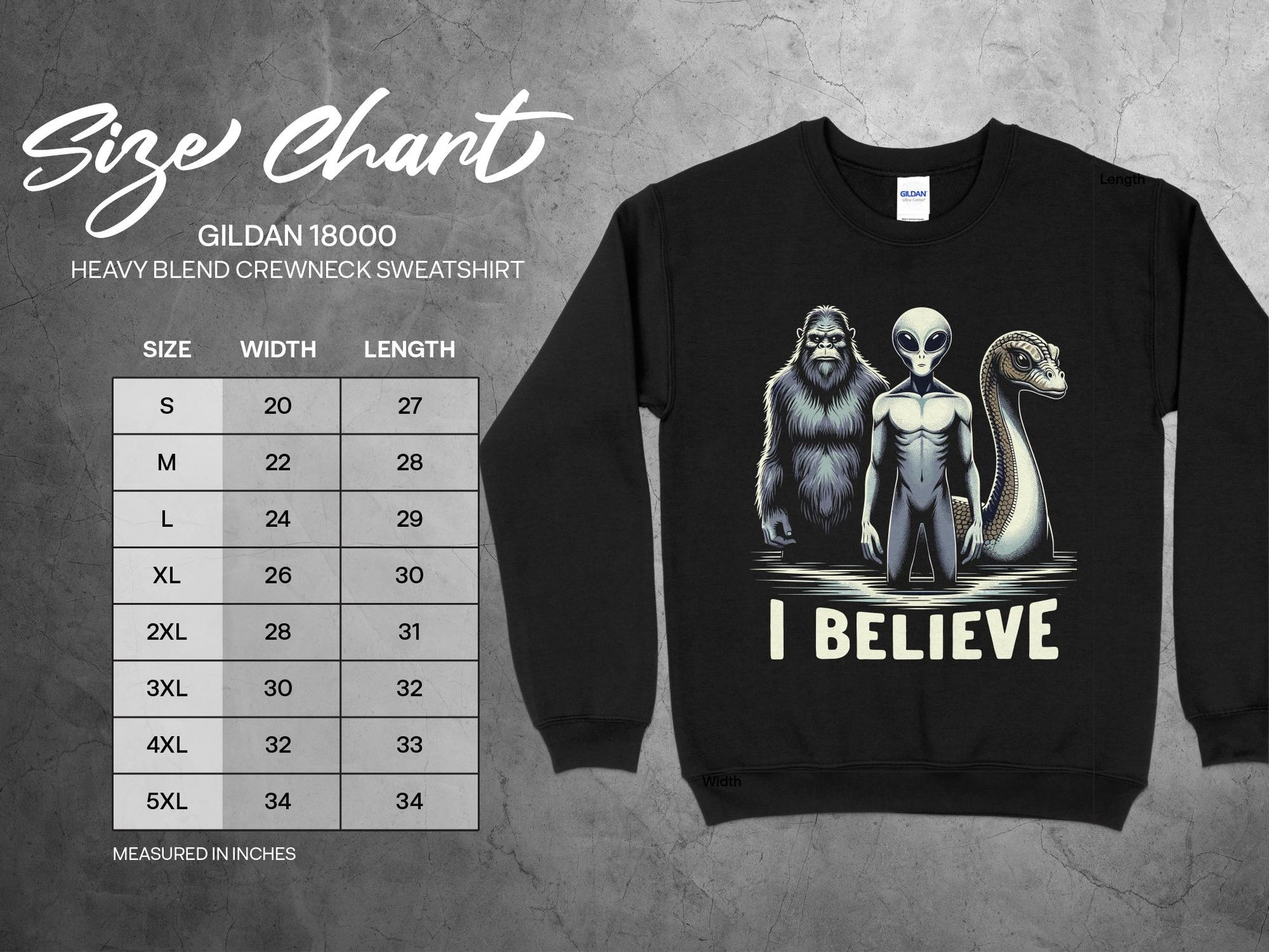 I Believe Sweatshirt, sizing chart