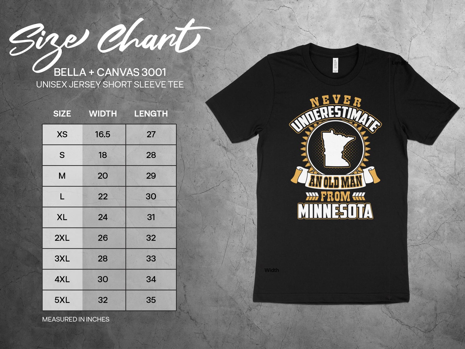 Minnesota T Shirt Never Underestimate An Old Man, sizing chart