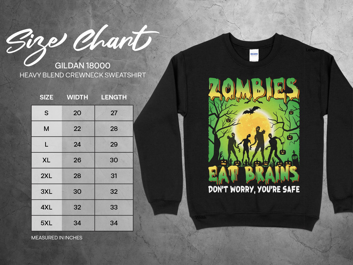 Zombies Sweatshirt - Eat Brains, sizing chart