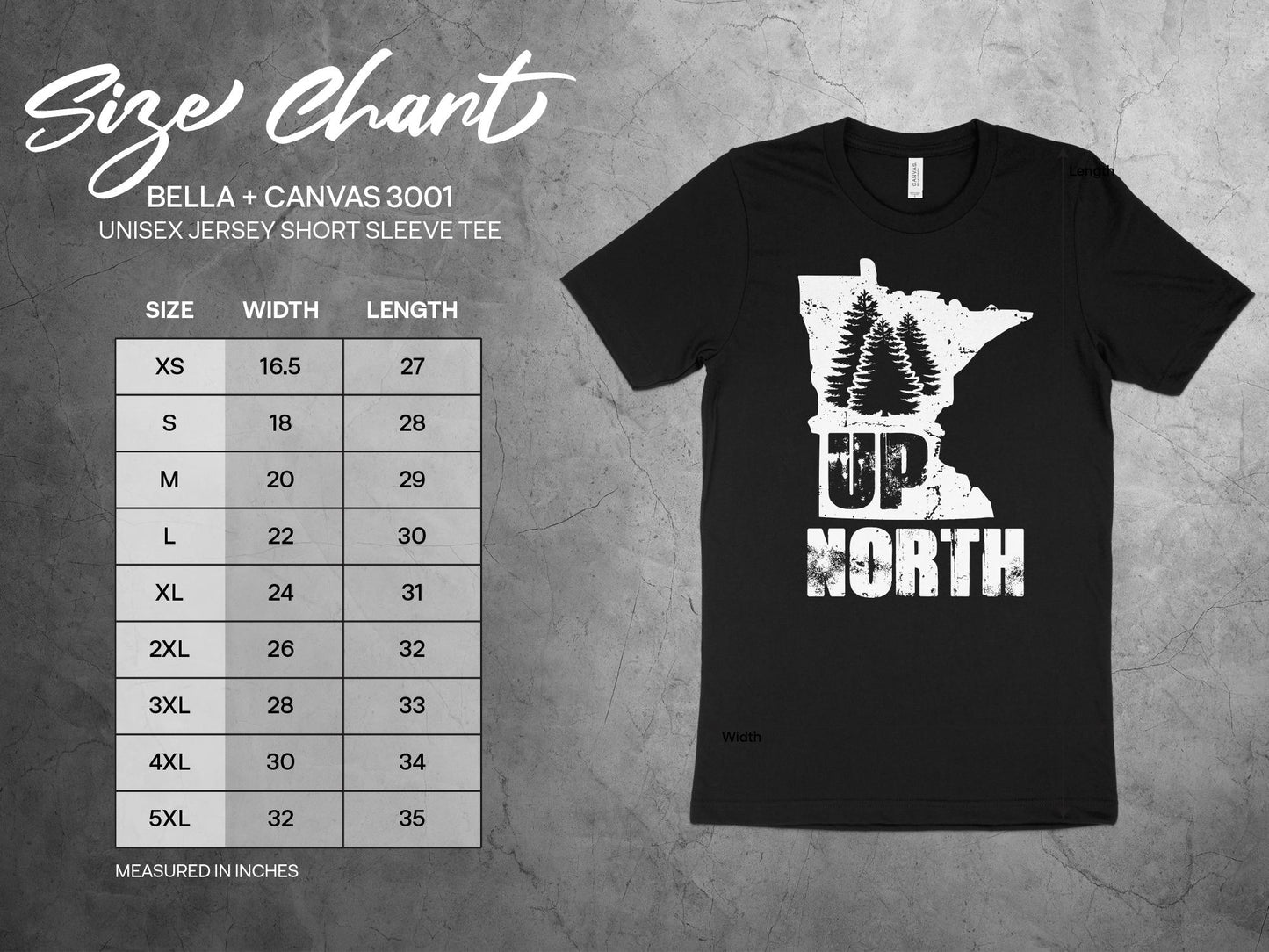 Minnesota T Shirt - Rustic Up North, sizing chart