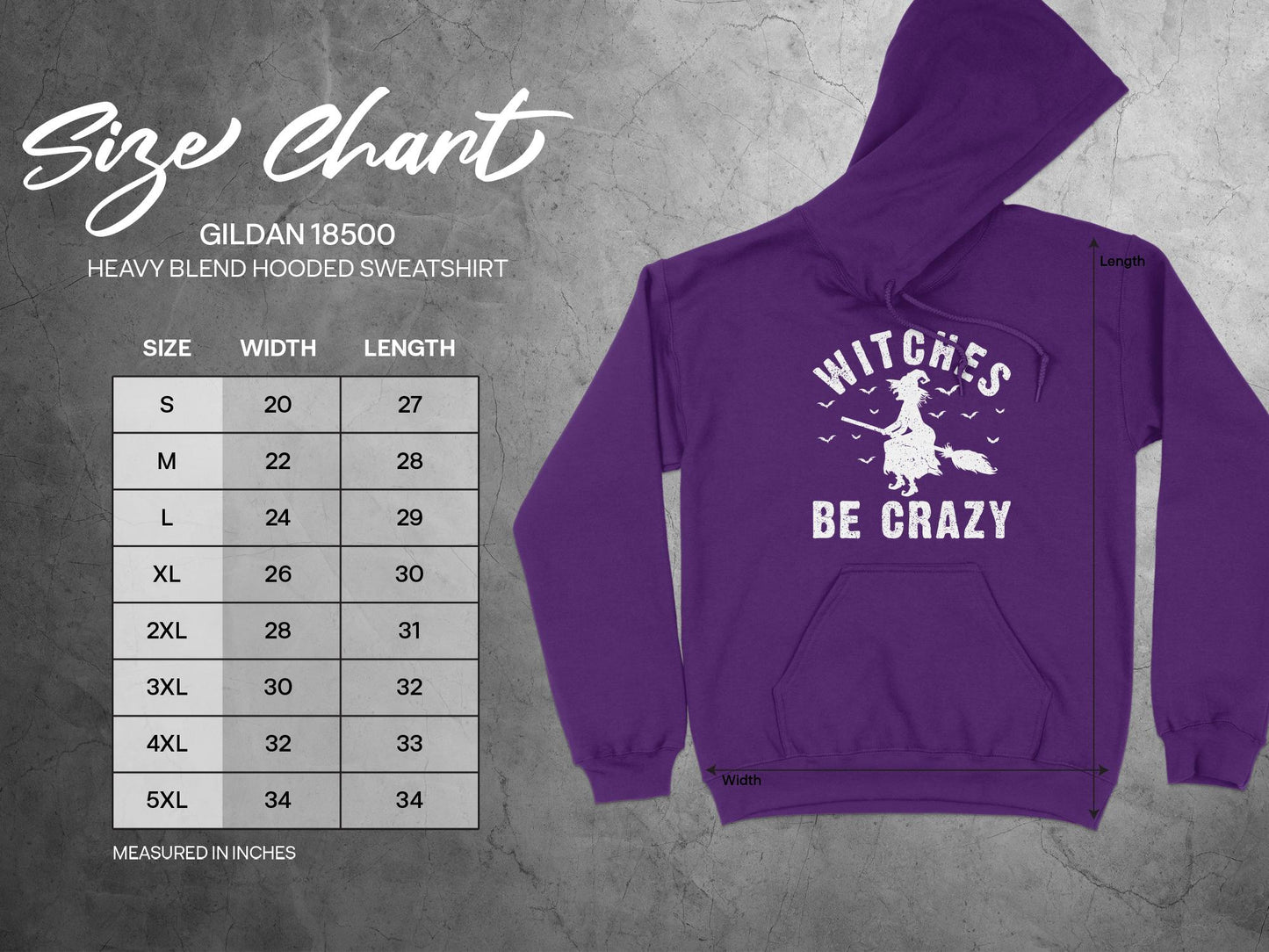 Witches Be Crazy Hoodie, sizing chart
