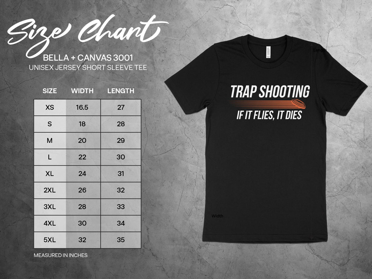 Trap Shooting Shirt, If It Flies It Dies, sizing chart