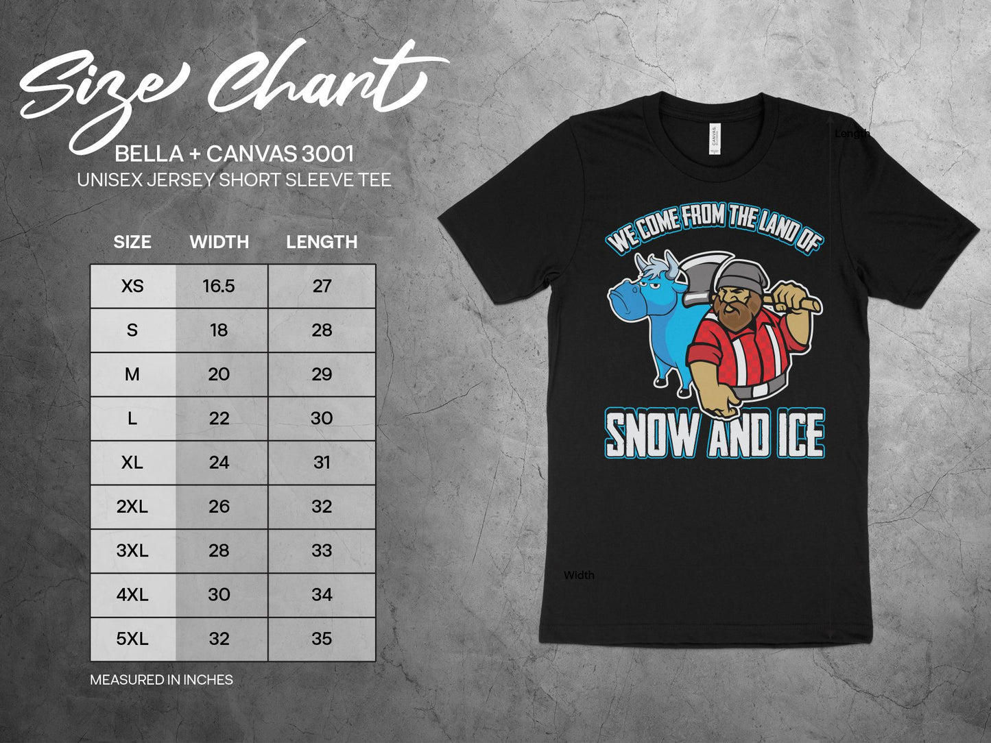 Minnesota T Shirt Land of Snow and Ice sizing chart