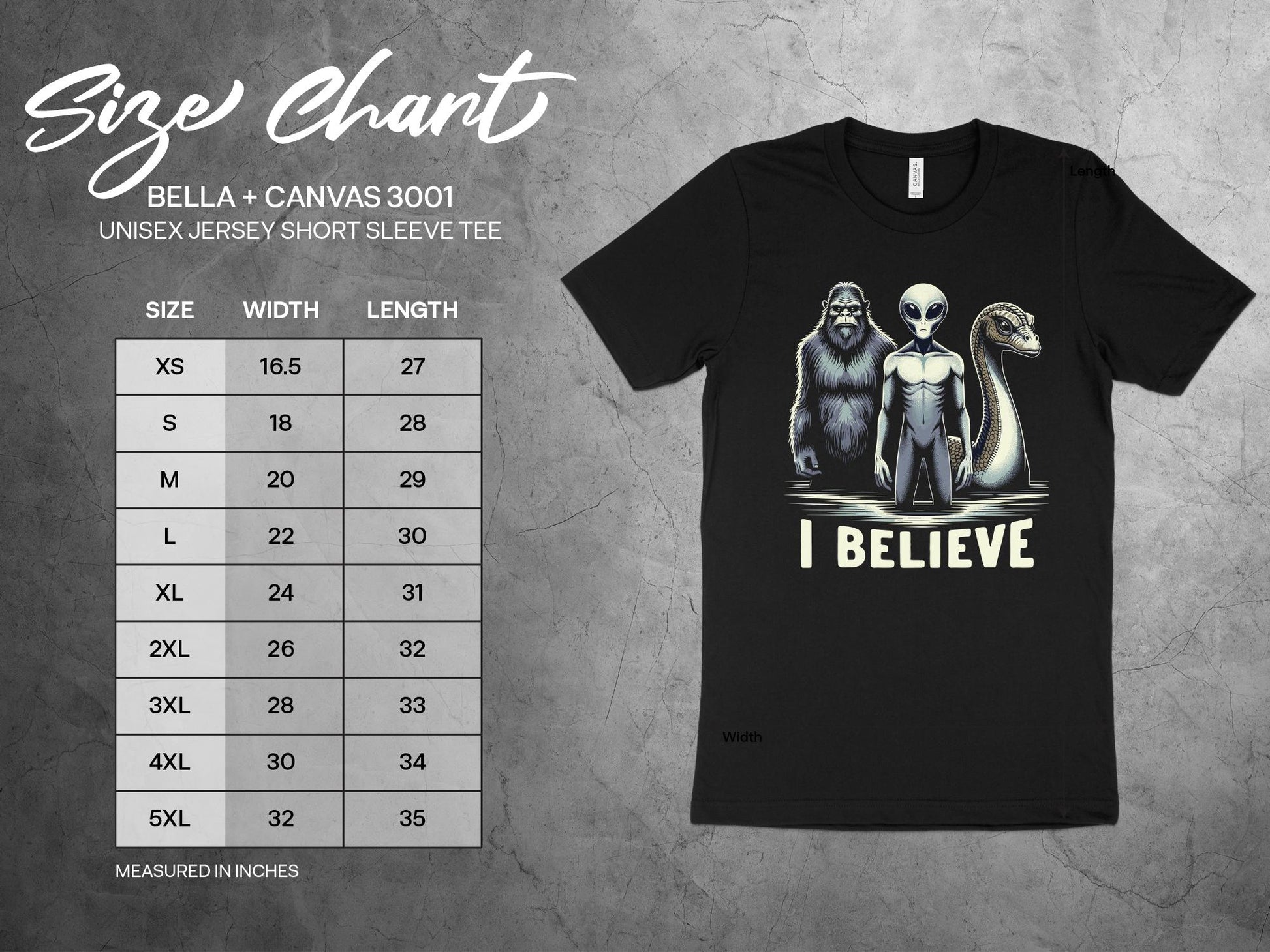 I Believe T Shirt, sizing chart