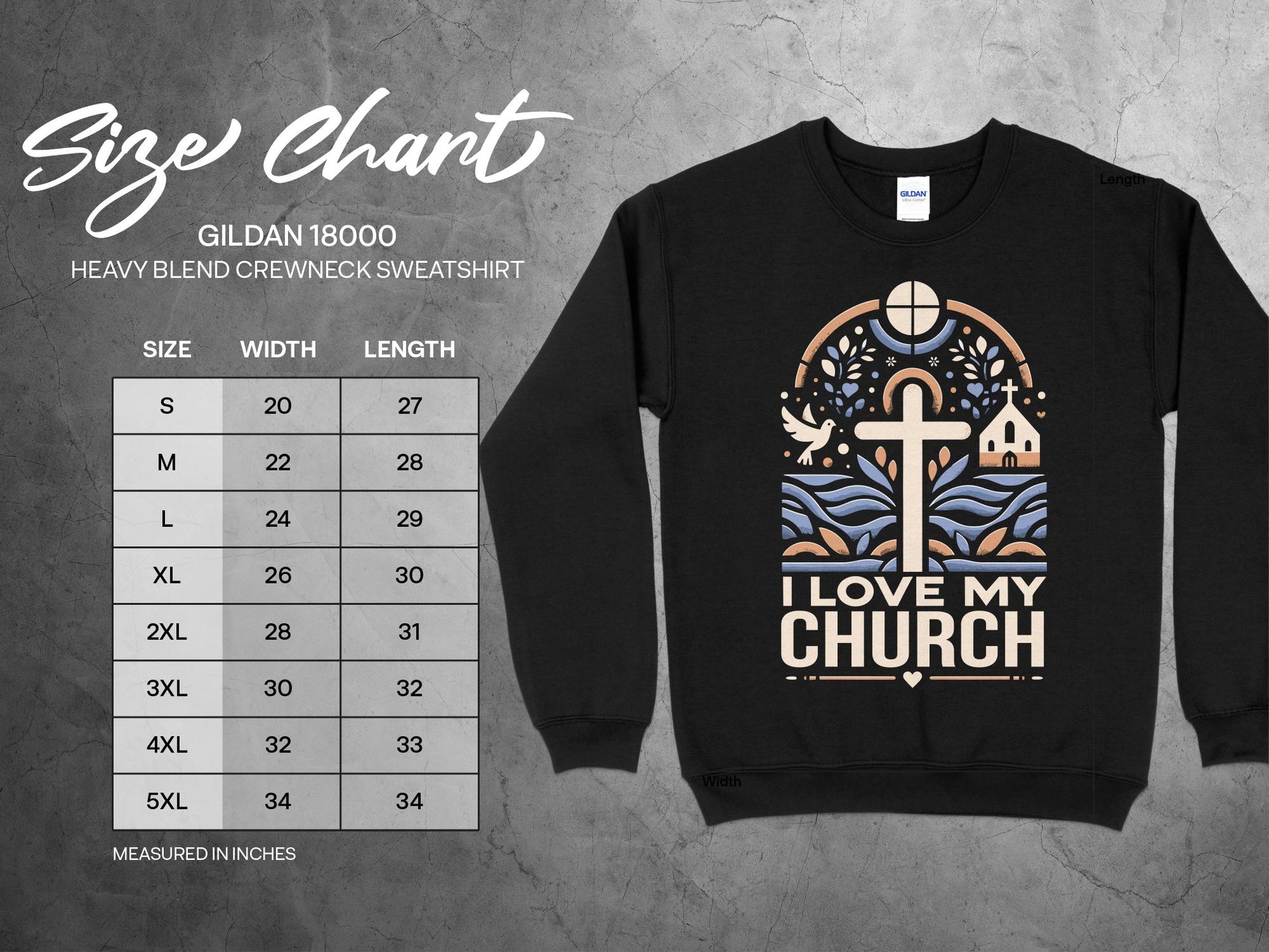 I Love My Church Sweatshirt, sizing chart