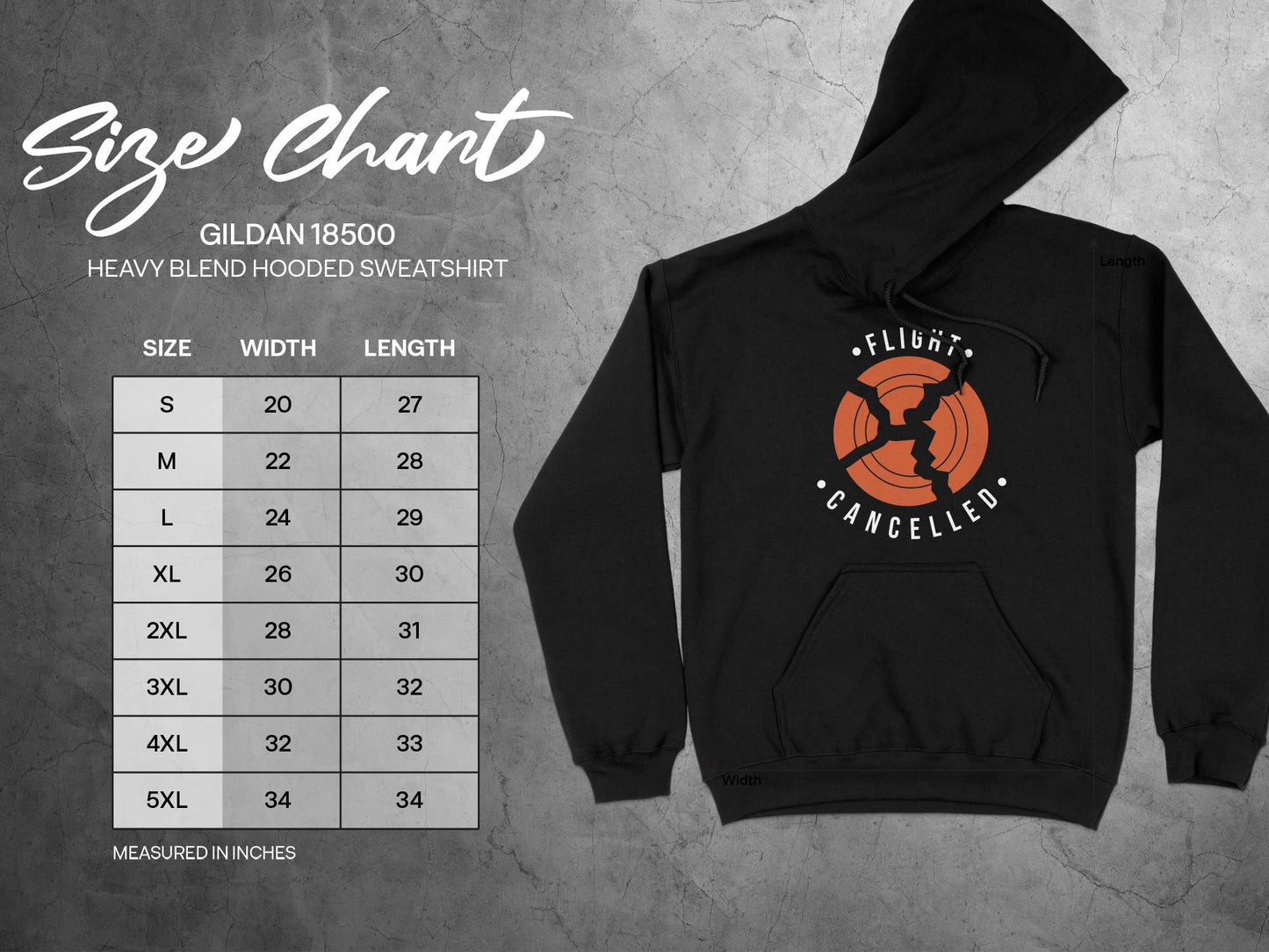 Trap Shooting Hoodie - Flight Cancelled, sizing chart
