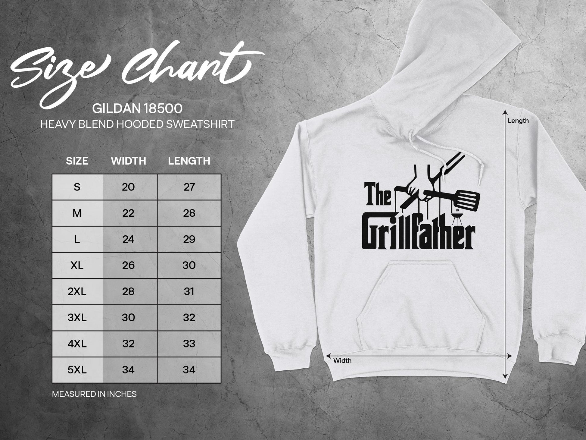 Grillfather Hoodie, sizing chart