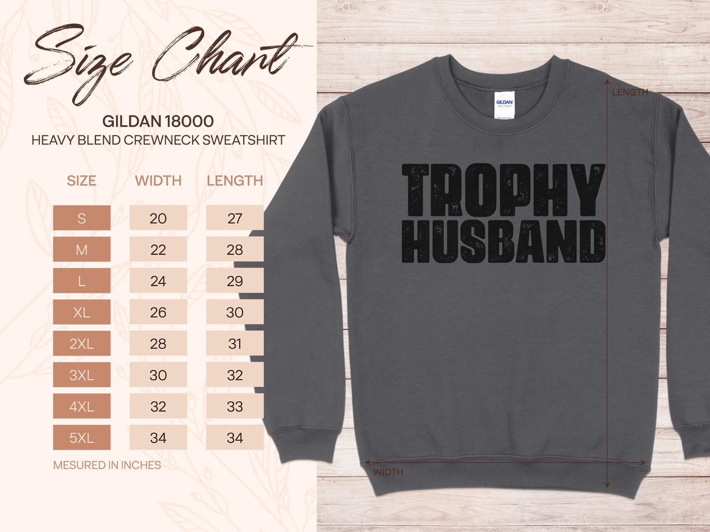 Trophy Husband Sweatshirt, sizing chart