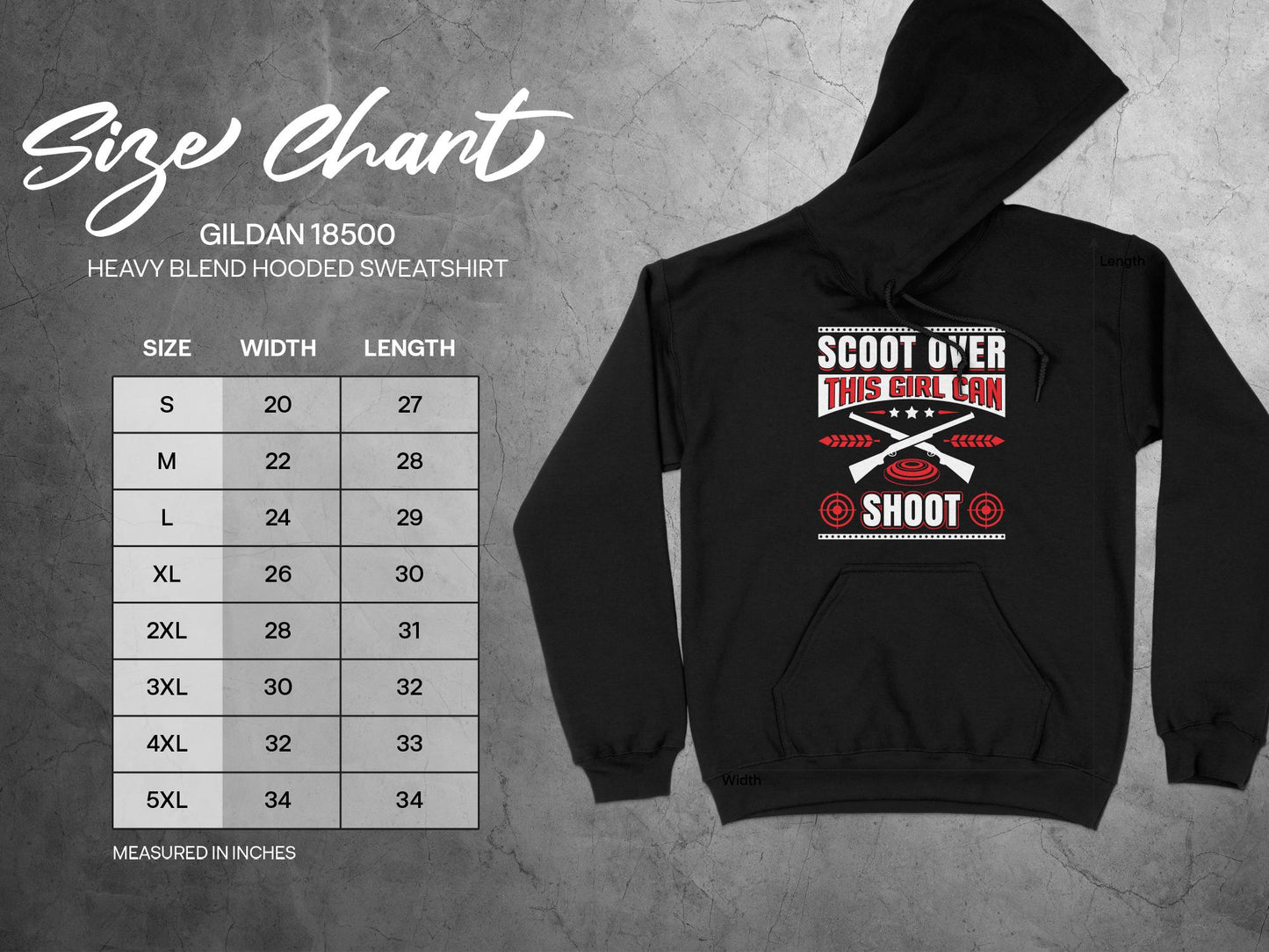 Trap Shooting Hoodie - Scoot Over This Girl Can Shoot, sizing chart